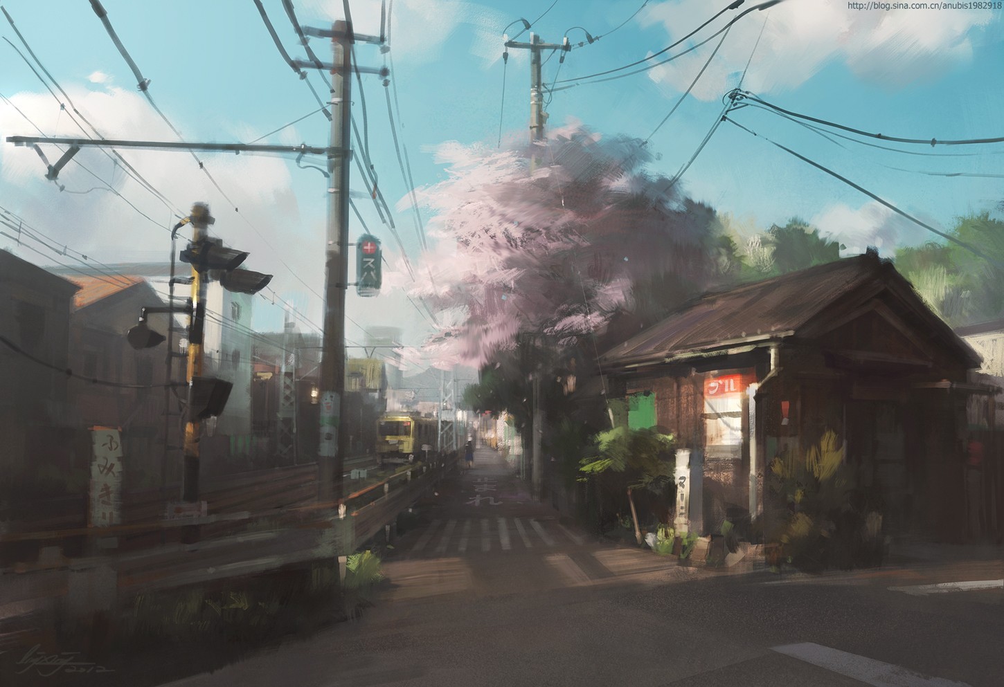 Japanese street with cherry blossoms and train HD Wallpaper
