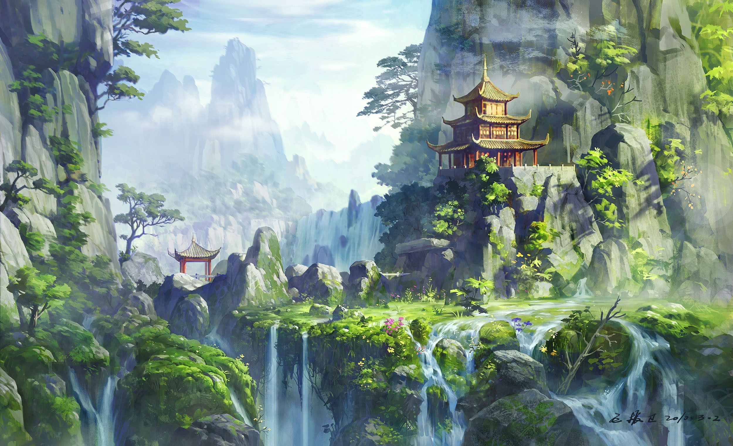 Traditional Chinese Pagoda in a Mountainous Waterfall Landscape HD Wallpaper