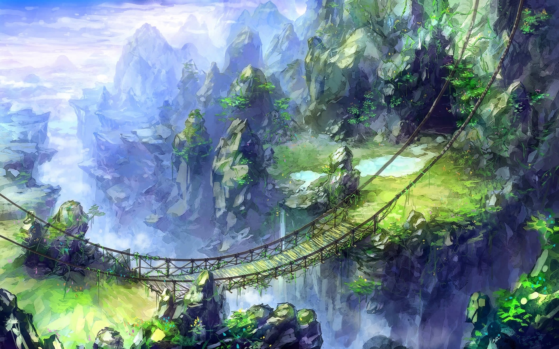 Fantasy mountain landscape with a rope bridge HD Wallpaper