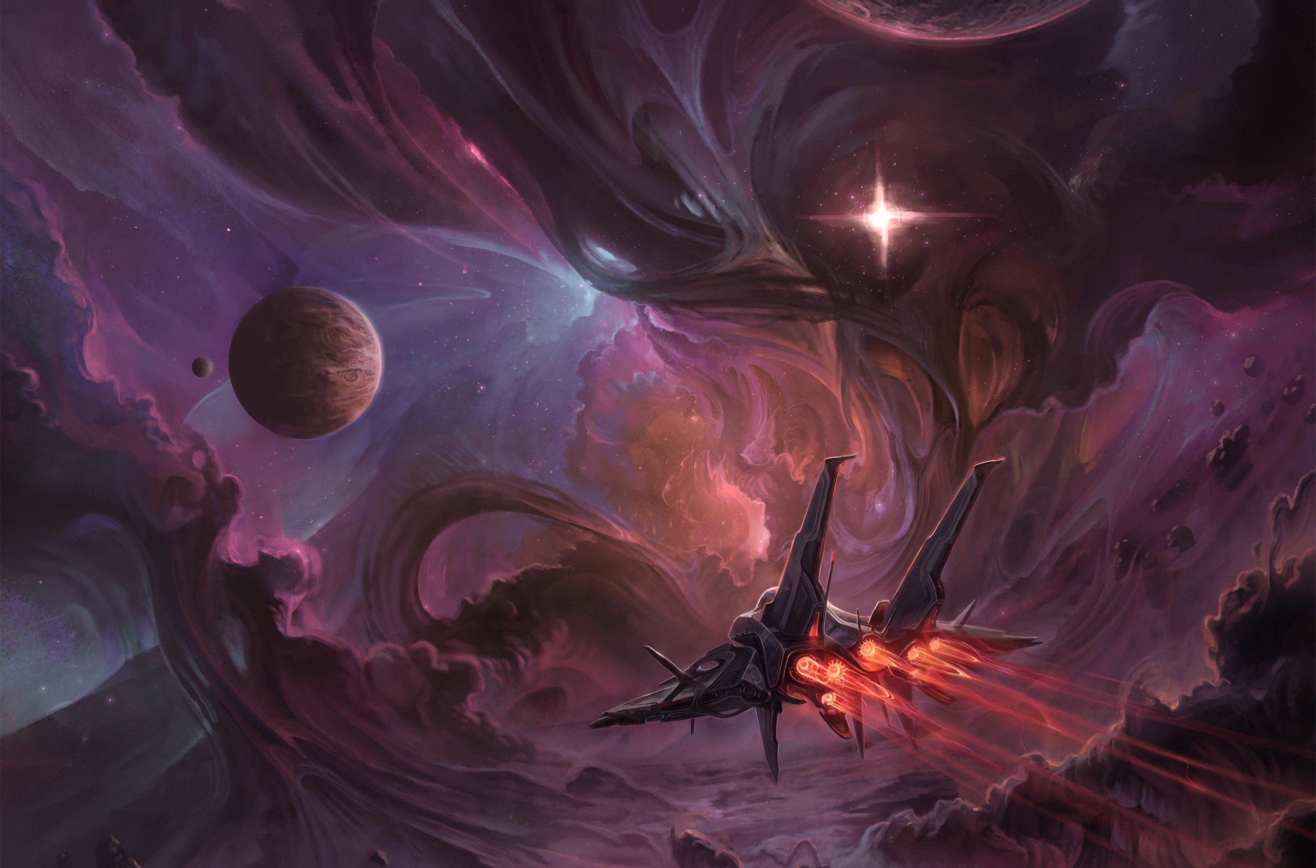 Spaceship flying through a colorful nebula with planets HD Wallpaper