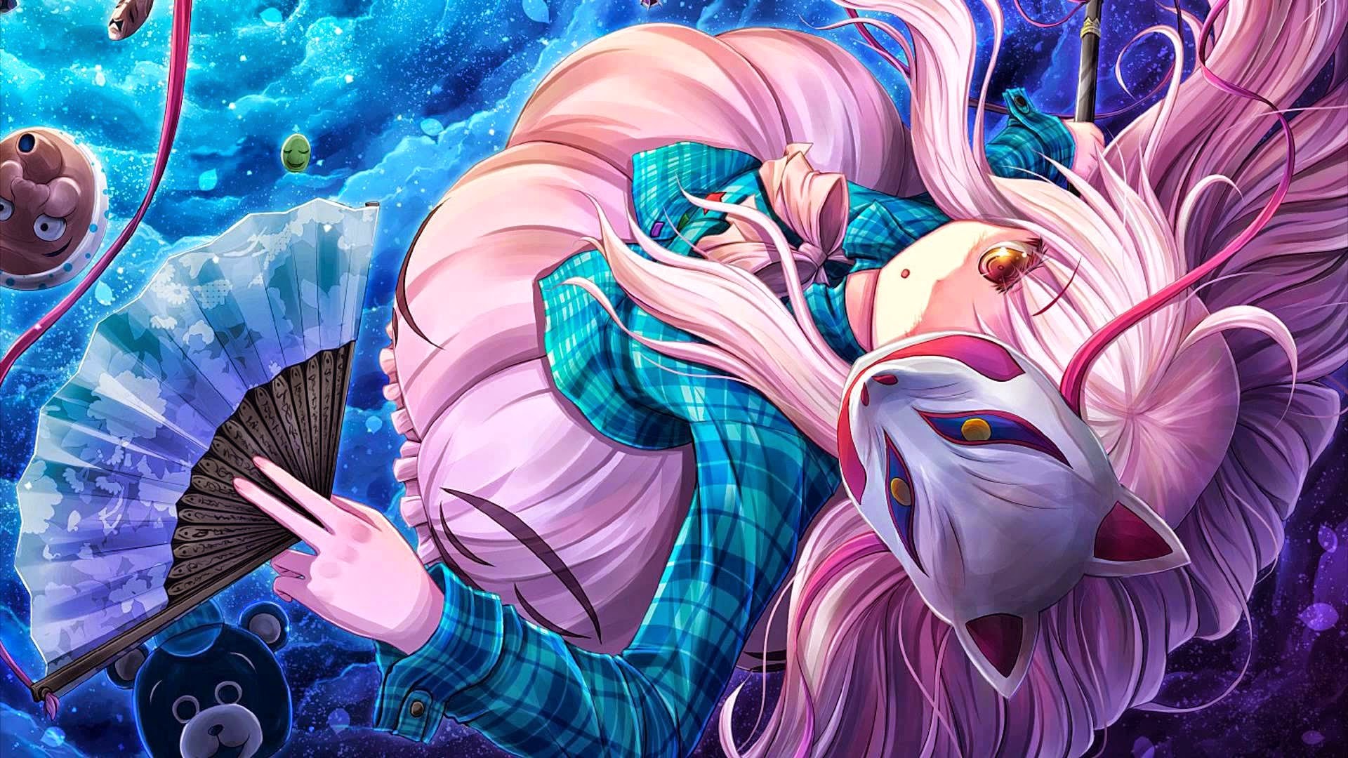 Hata no Kokoro from Touhou with a mask and fan HD Wallpaper