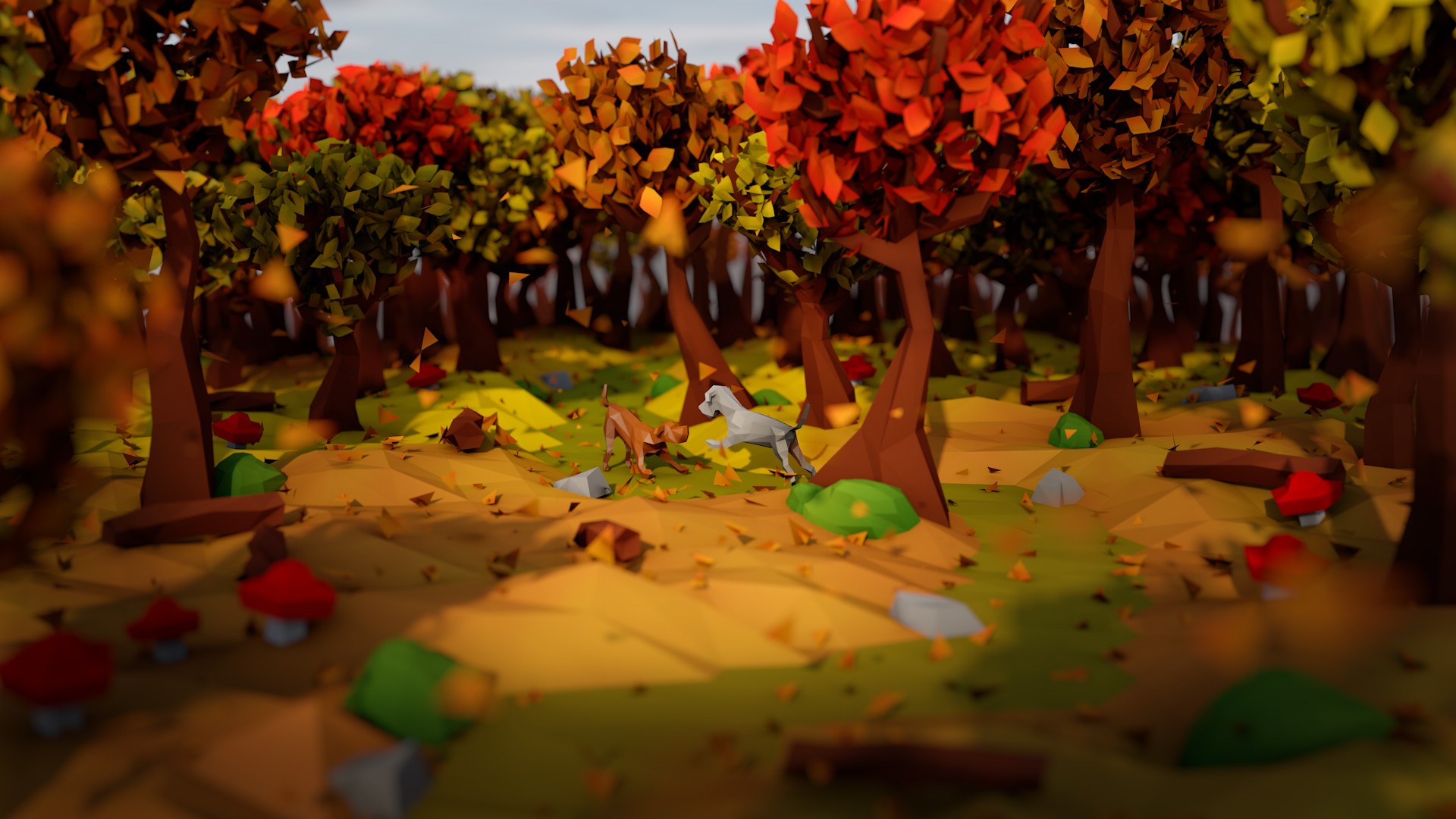 Two dogs playing in a low poly autumn forest HD Wallpaper