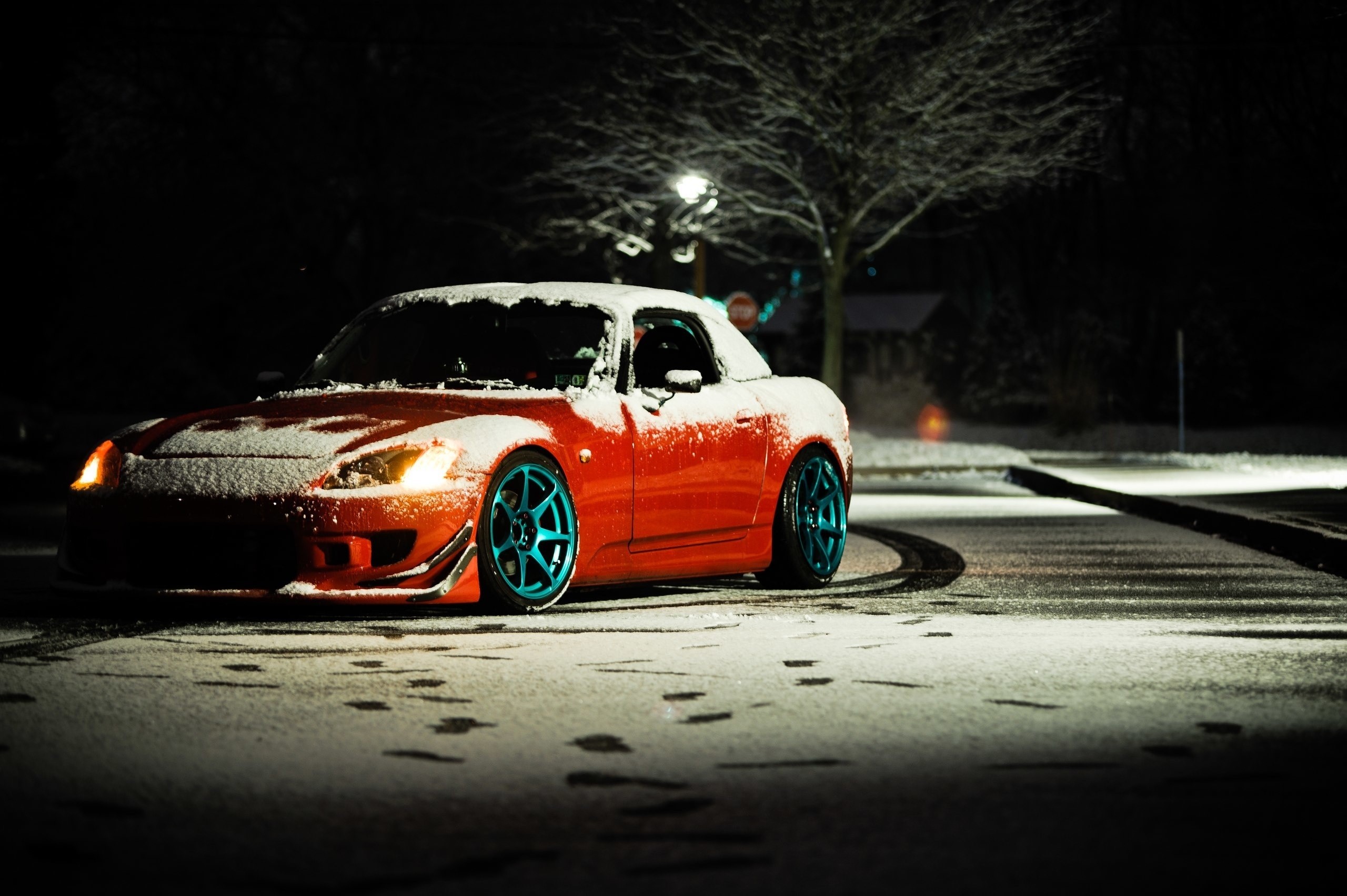Red Honda S2000 in Snow at Night HD Wallpaper