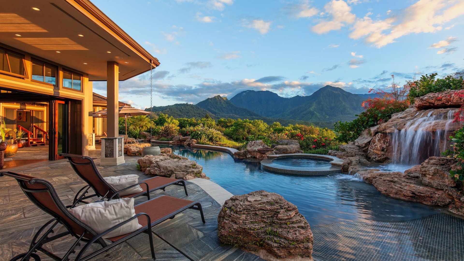 Luxury home with infinity pool and waterfall in Kauai, Hawaii HD Wallpaper