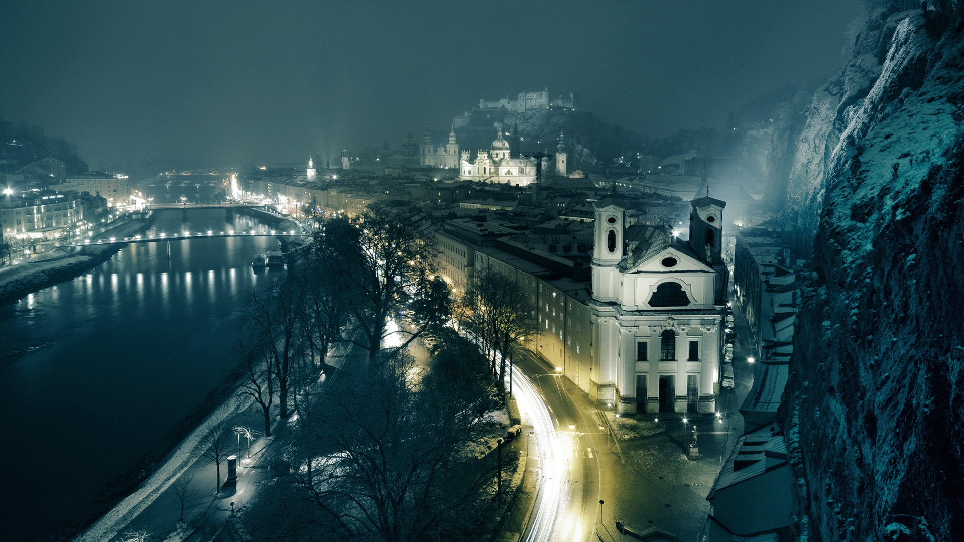Salzburg at night with a river and castle HD Wallpaper