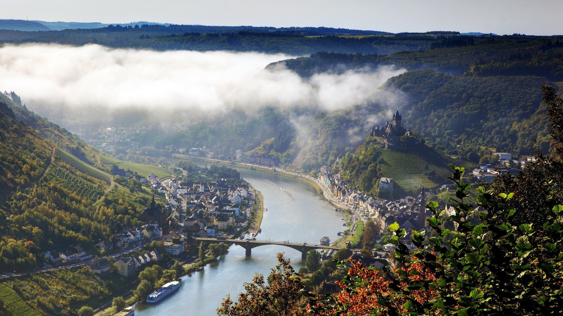 River town with castle and fog in Germany HD Wallpaper