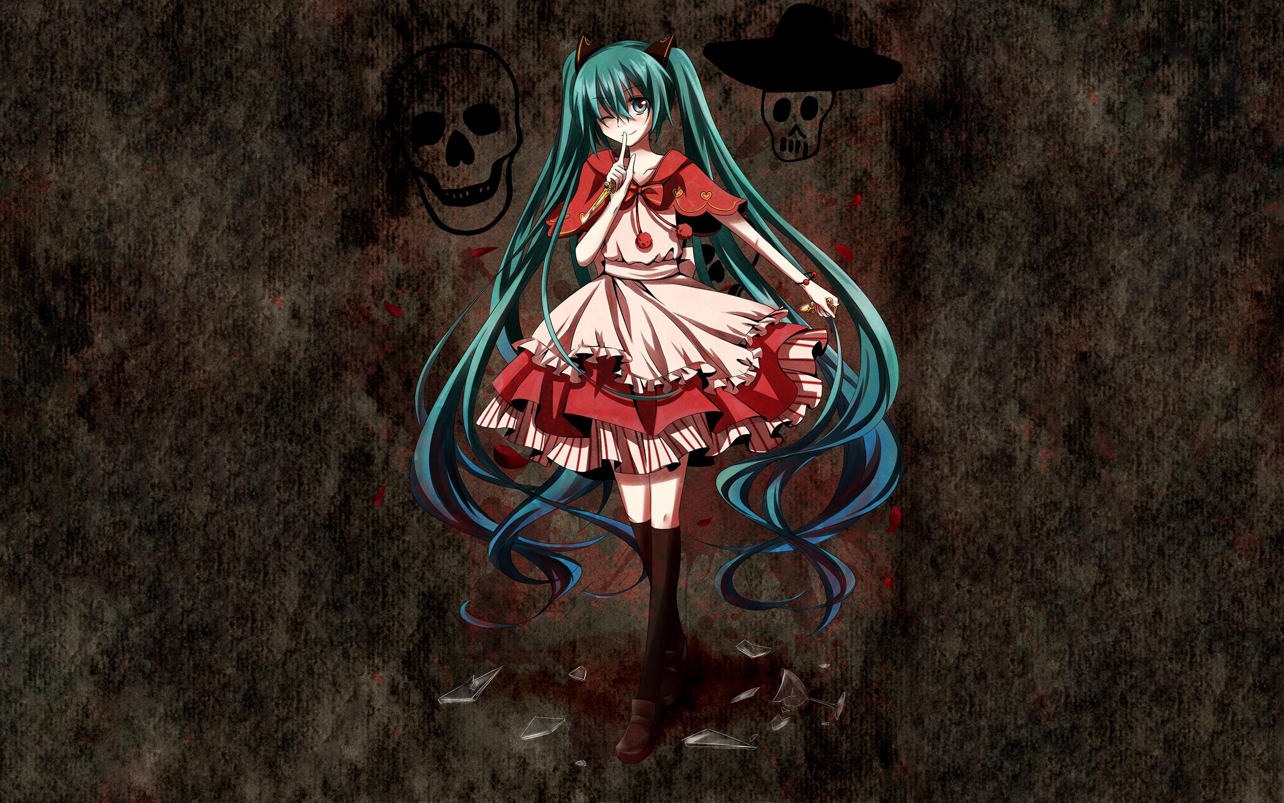 Hatsune Miku in a red and white dress with skulls HD Wallpaper