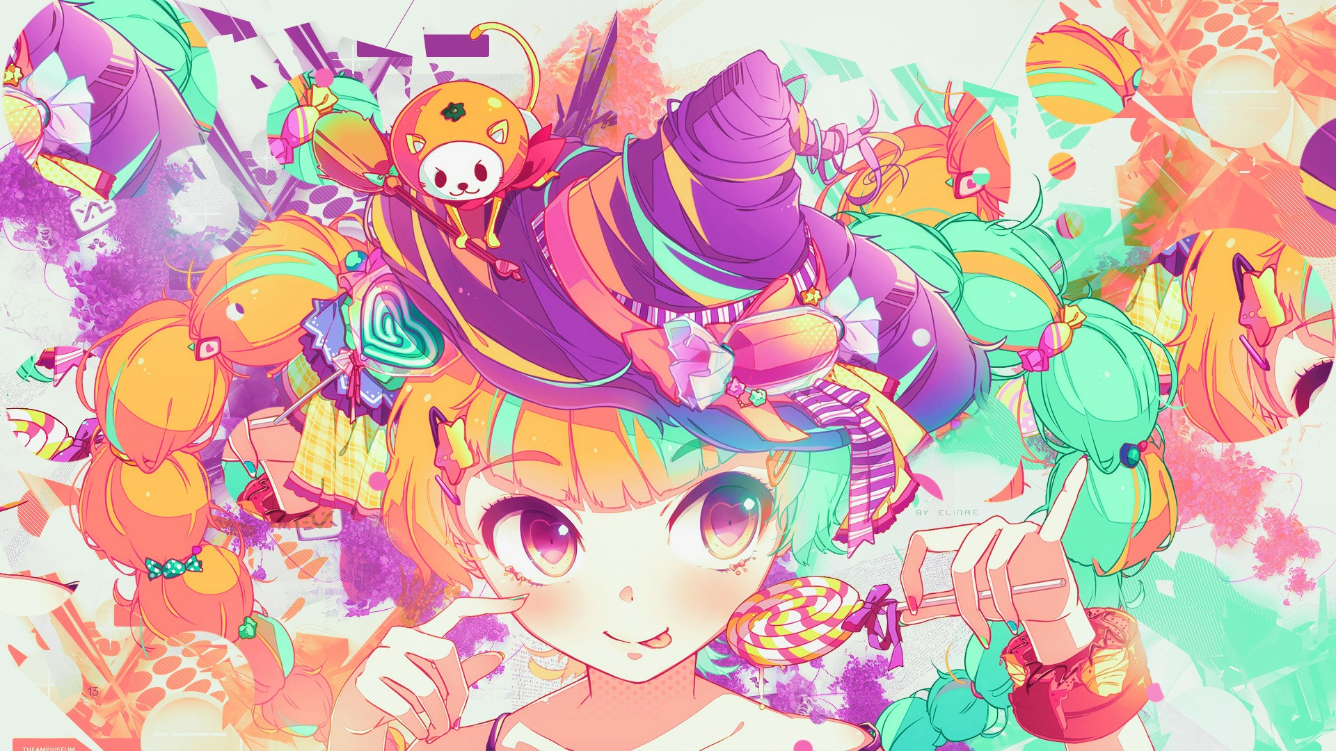 Girl with colorful twintails and lollipop hat HD Wallpaper