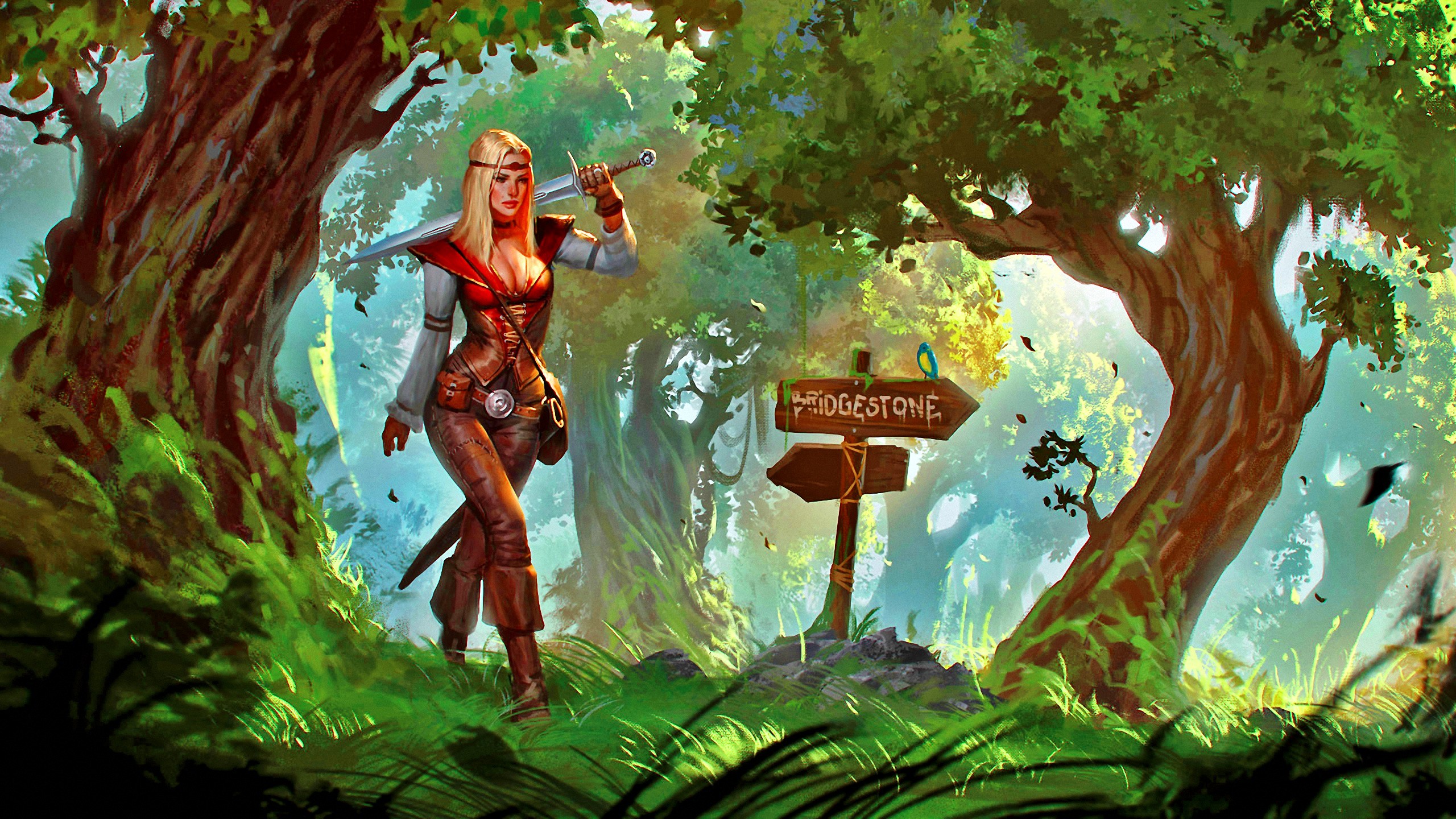 Fantasy art of a woman with a sword in a forest HD Wallpaper