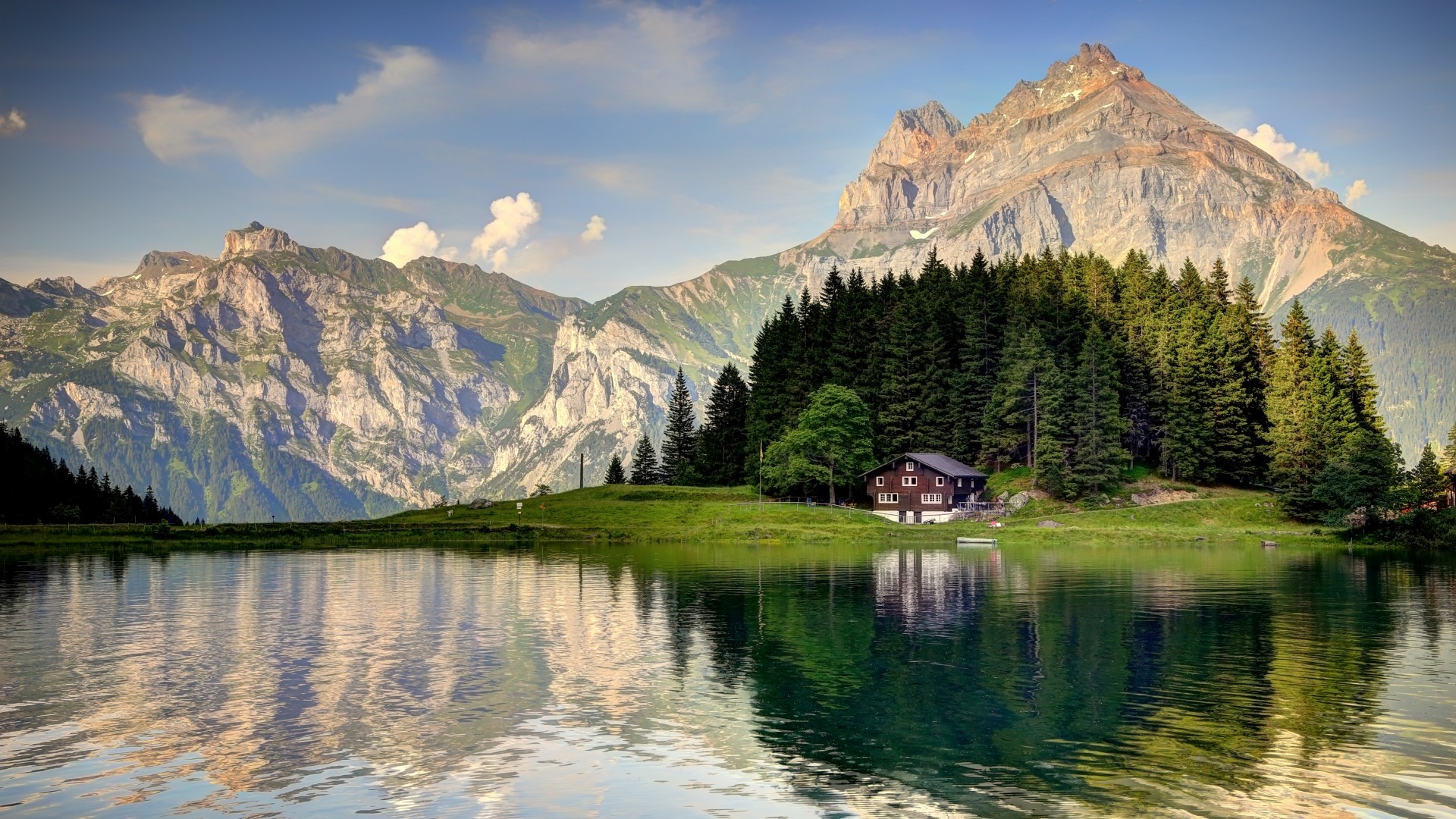 Lake and mountains with a house and forest HD Wallpaper
