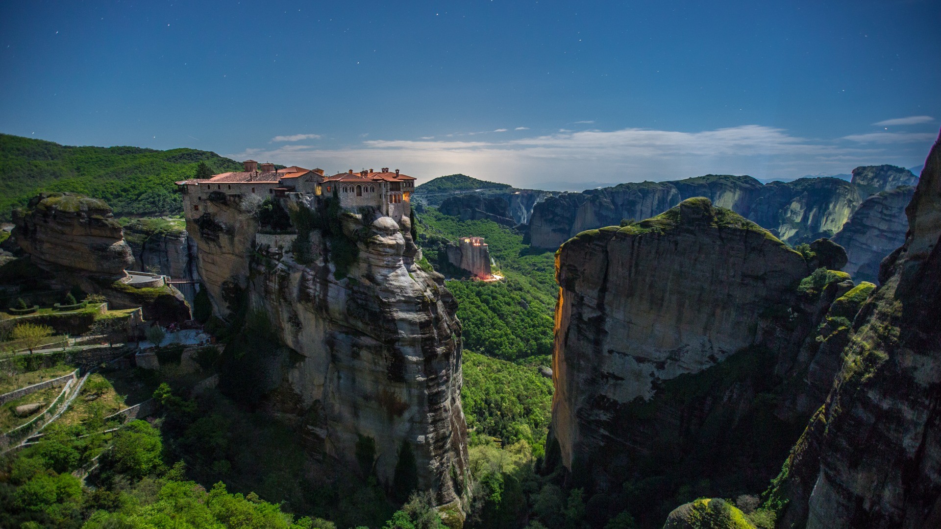 Meteora Monasteries at Night Under the Moon HD Wallpaper