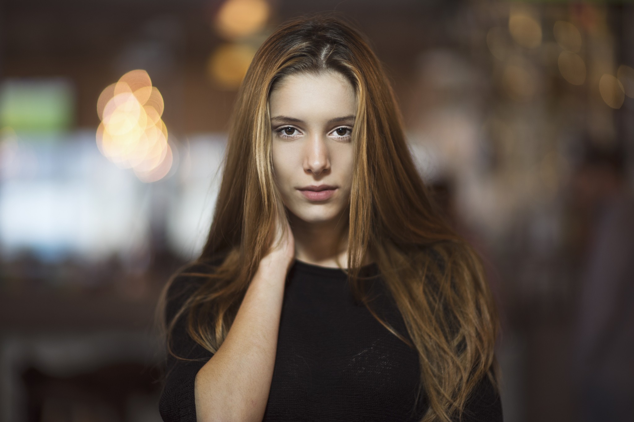 Portrait of a young woman with long brown hair HD Wallpaper