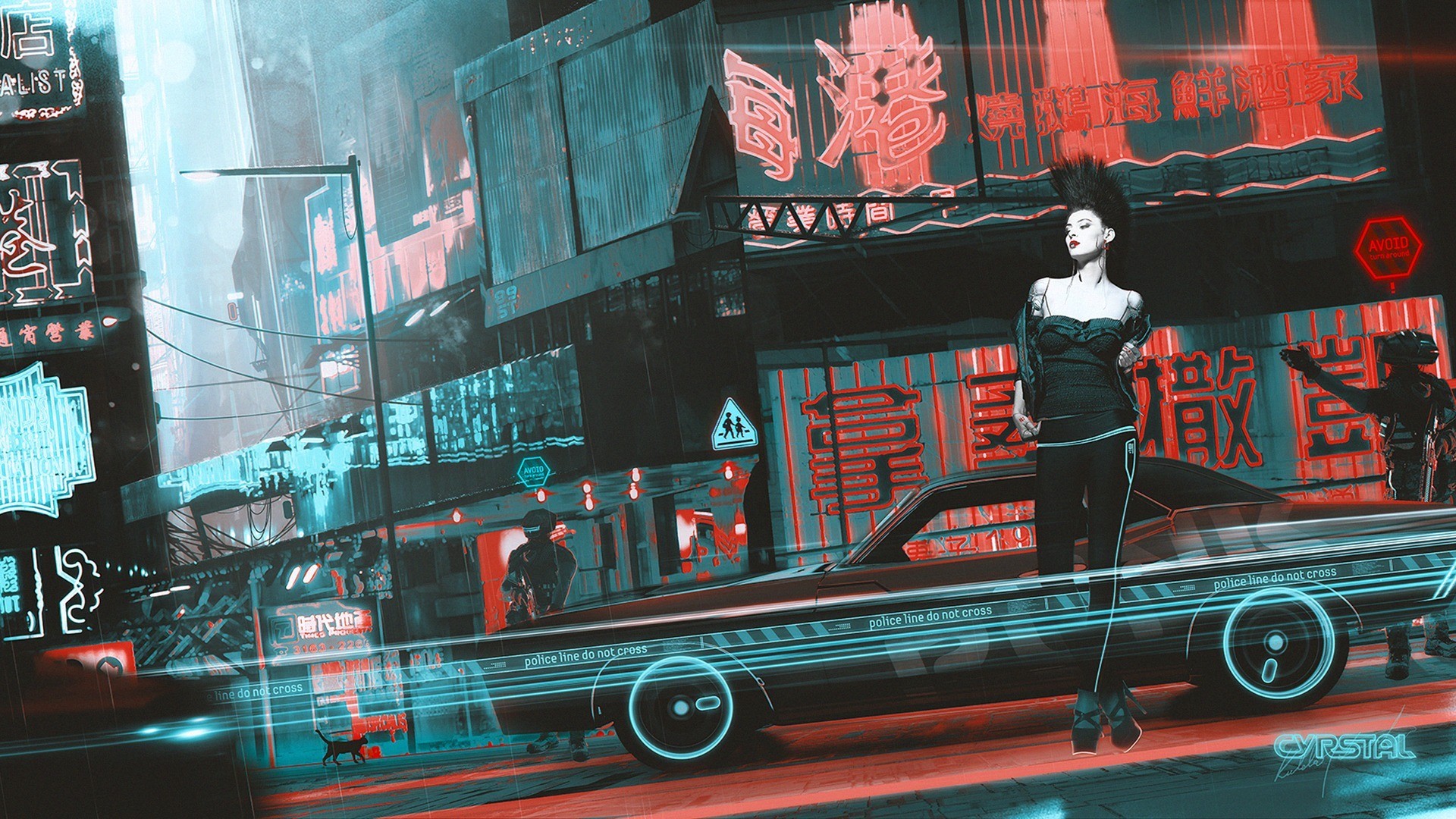 Cyberpunk street scene with a woman and a car HD Wallpaper