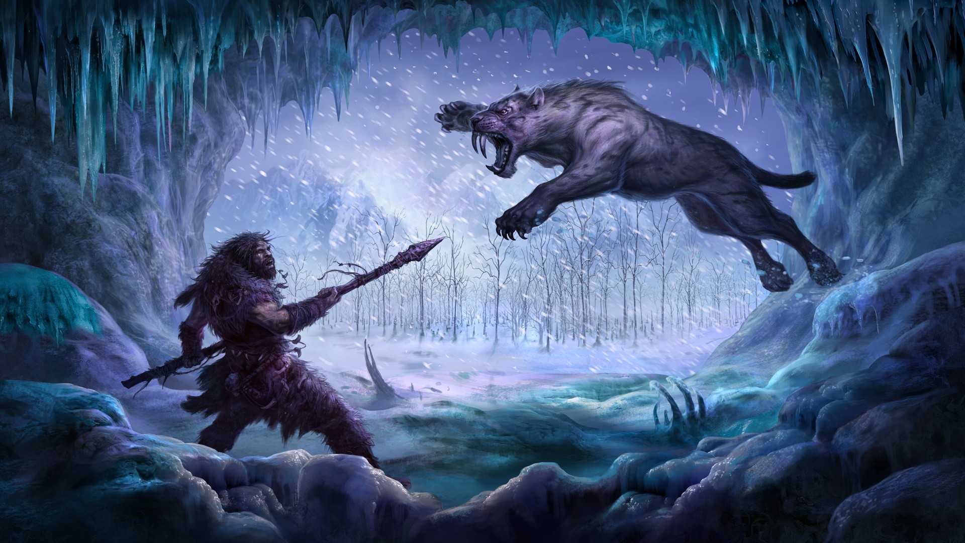Caveman fighting a saber-toothed tiger in a snowy cave HD Wallpaper