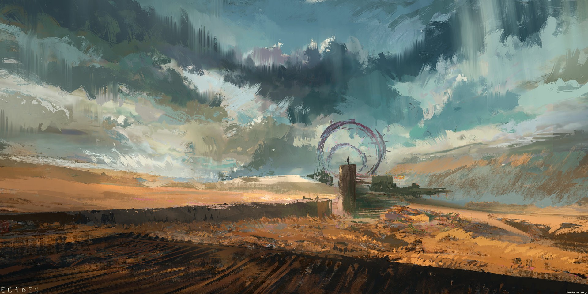 Fantasy art of a desolate landscape with a portal HD Wallpaper