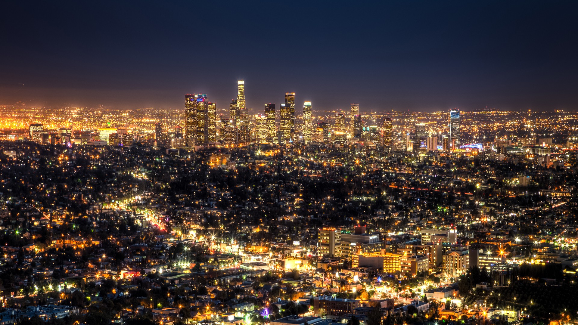 Los Angeles skyline at night from a high vantage point HD Wallpaper