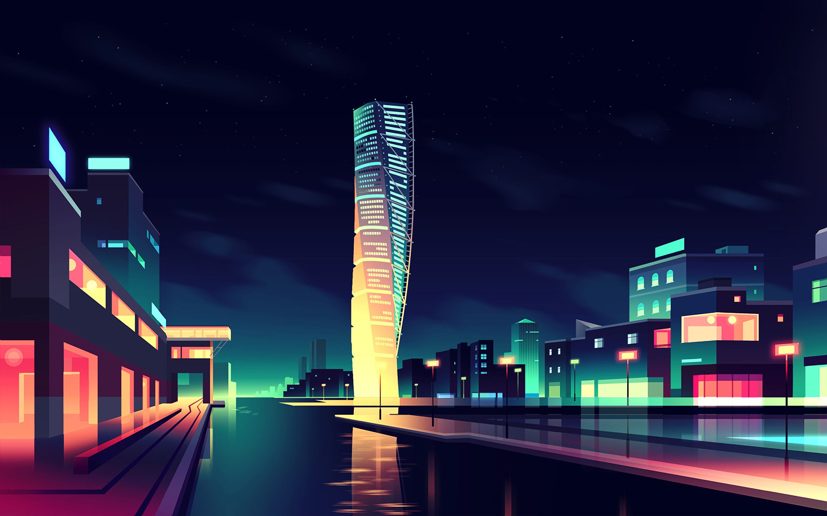 Twisted skyscraper in a colorful digital cityscape at night HD Wallpaper