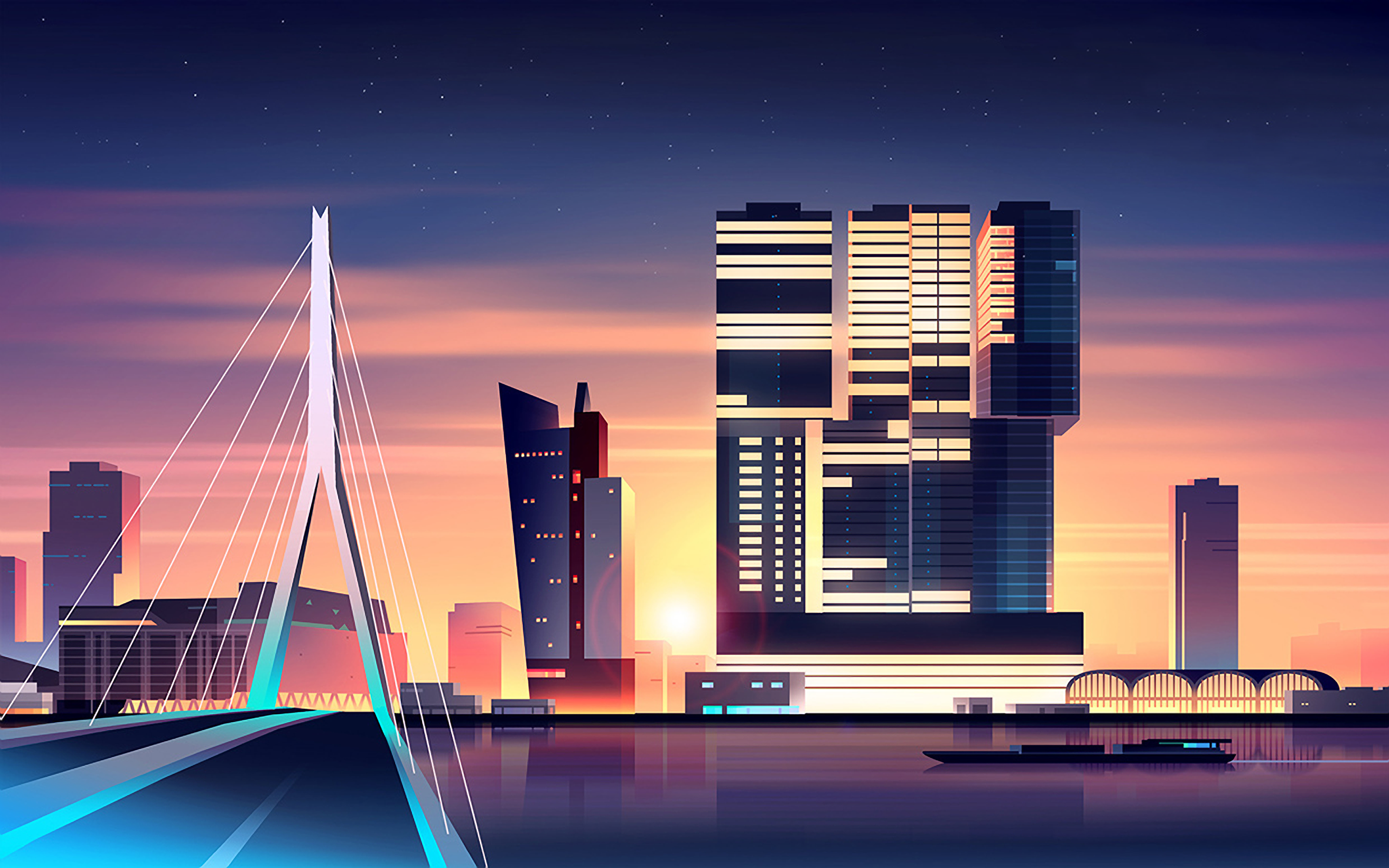 Cityscape with bridge and skyscrapers at sunset HD Wallpaper