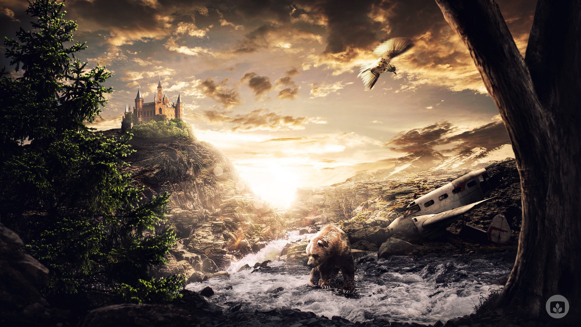 Castle on a cliff with a bear and a plane wreck HD Wallpaper