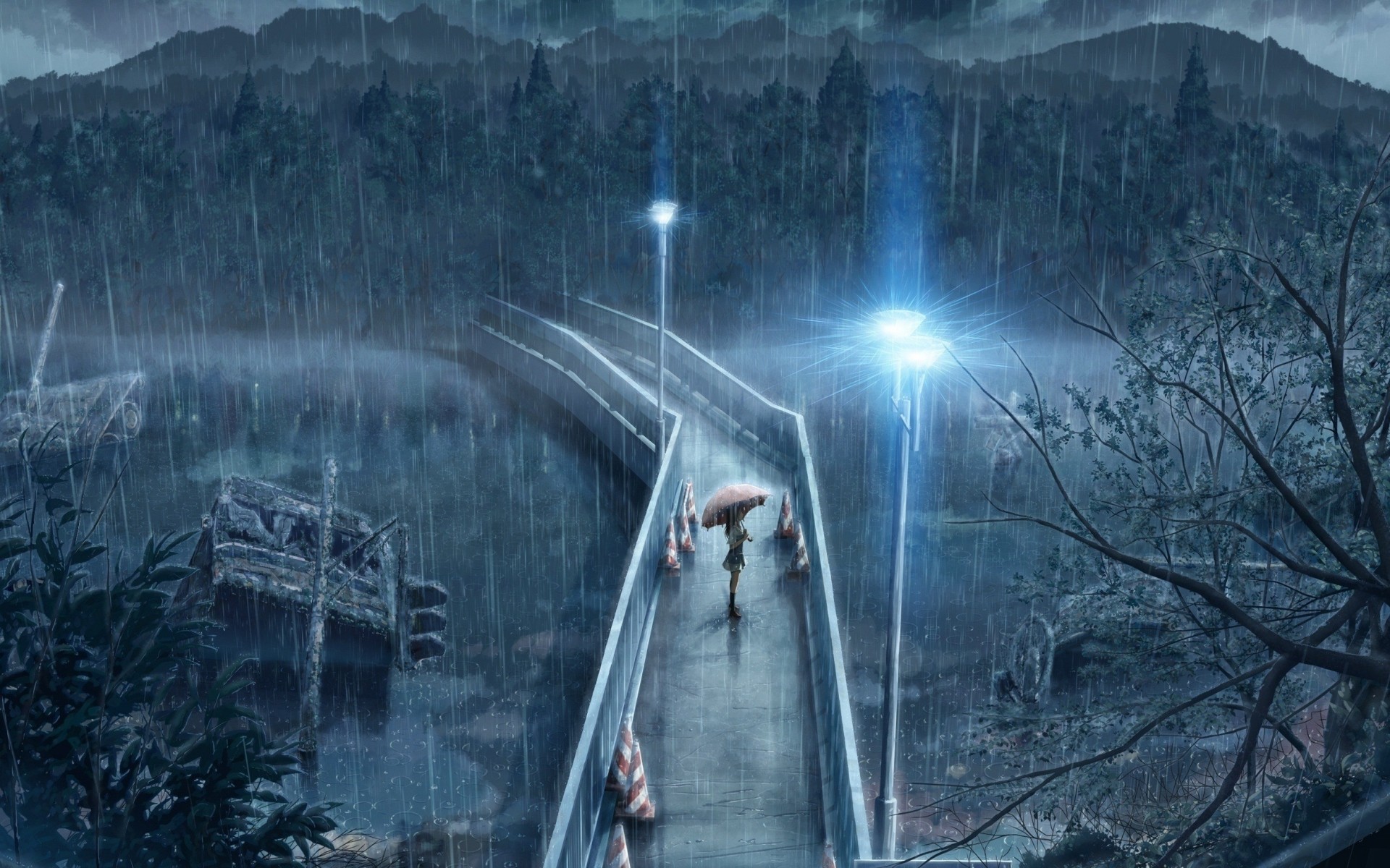 A person with an umbrella on a bridge in the rain HD Wallpaper