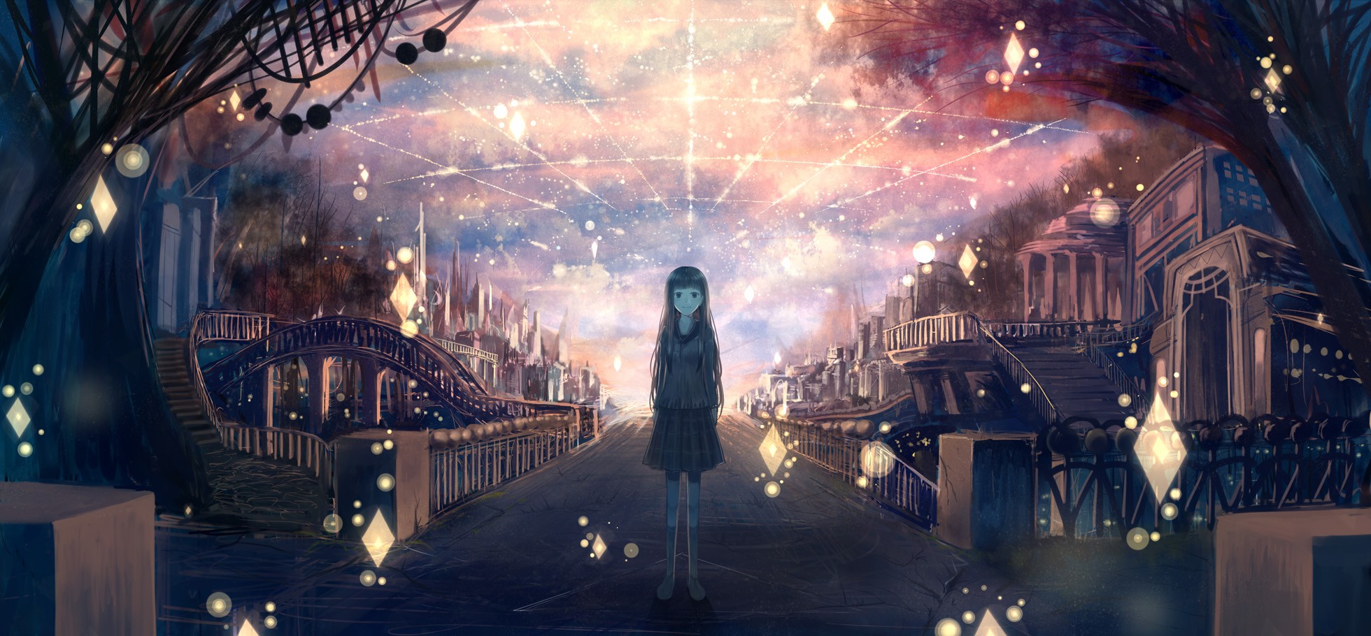 Girl standing in a fantastical city with glowing lights HD Wallpaper