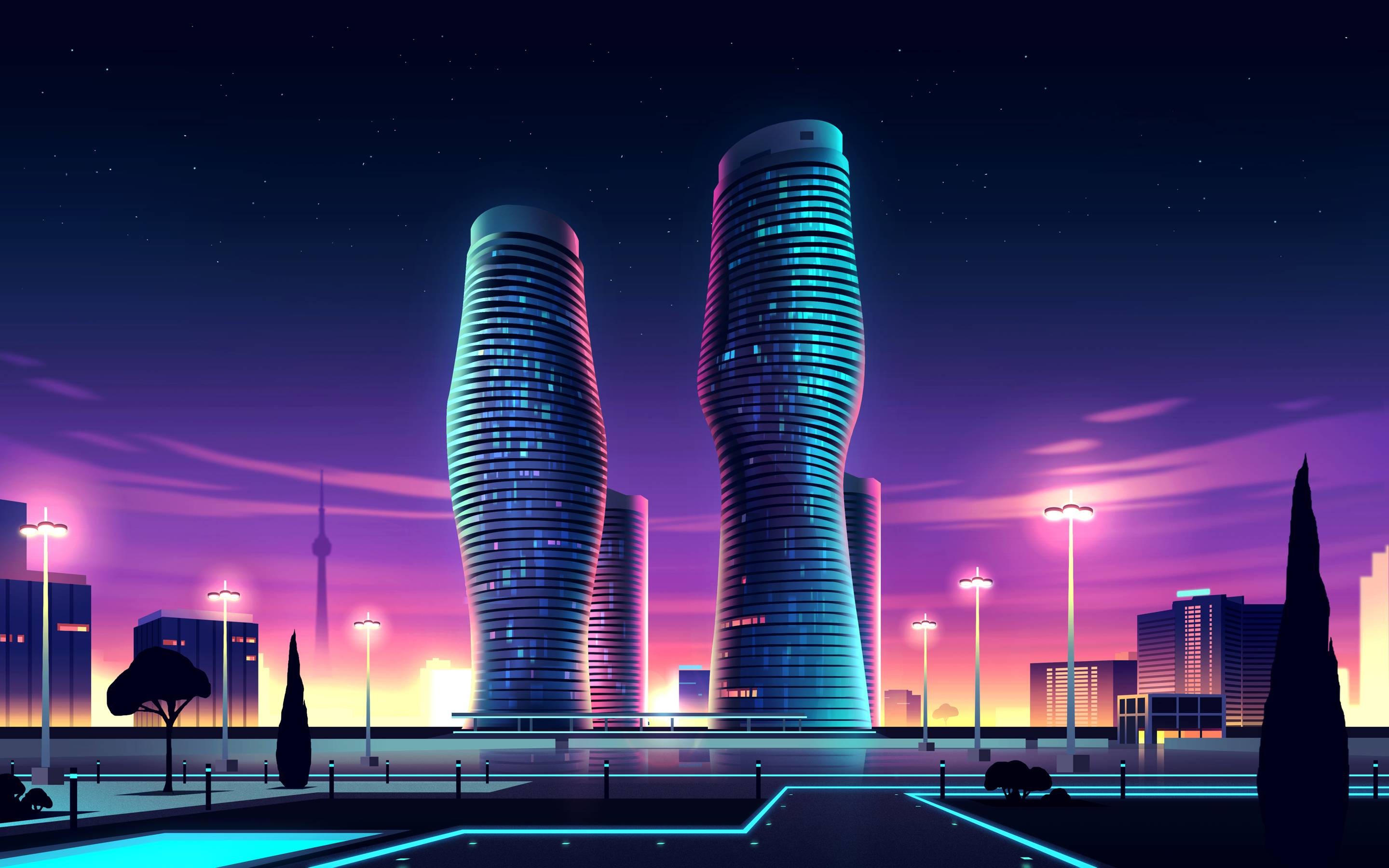 Futuristic cityscape at night with glowing skyscrapers HD Wallpaper