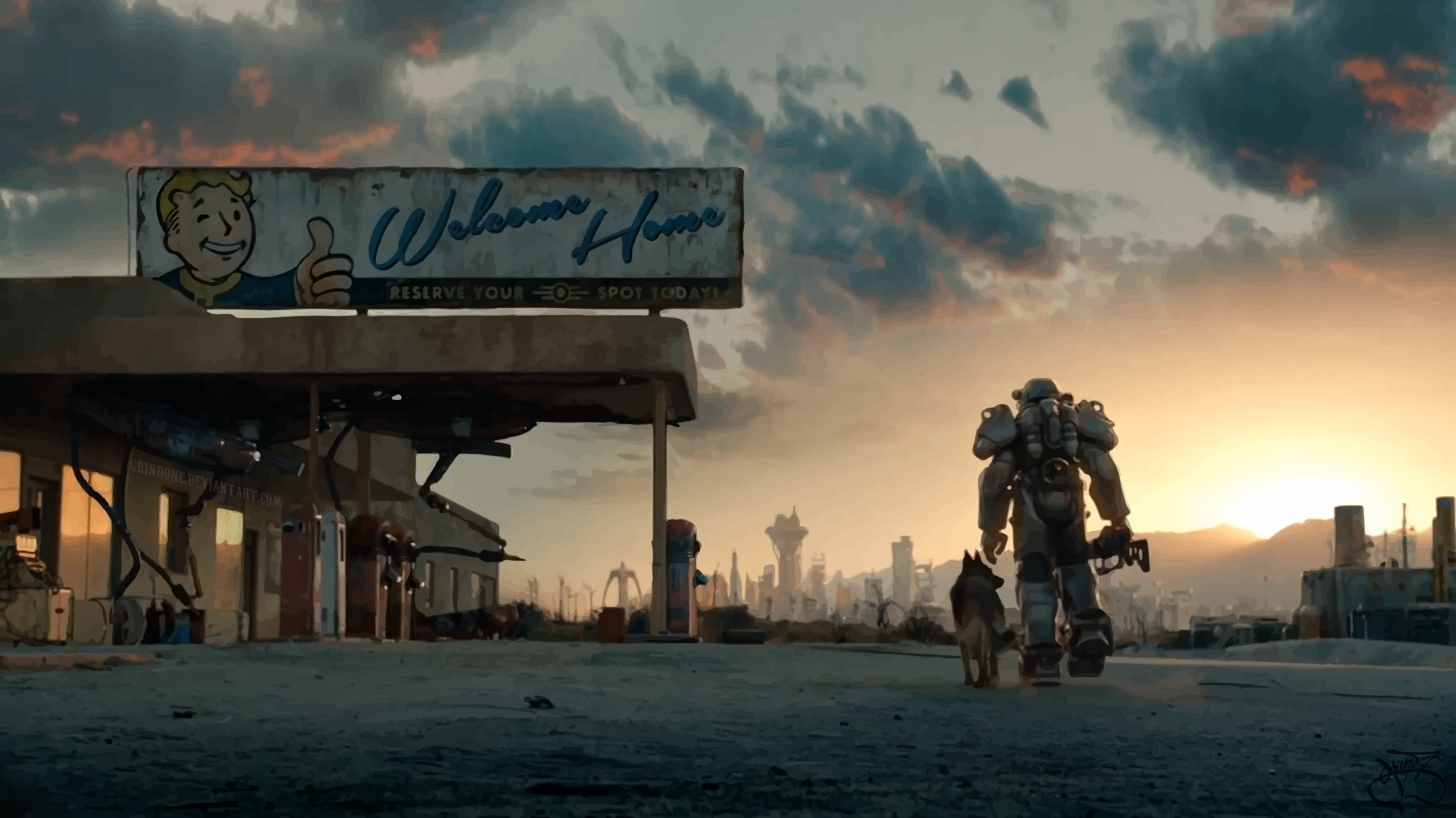 Fallout 4 Power Armor and Dog at Gas Station HD Wallpaper