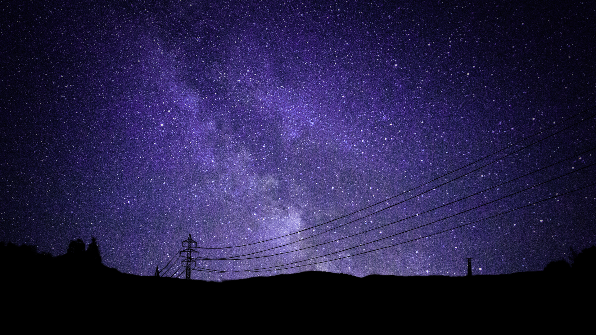 Milky Way galaxy over a silhouetted landscape with power lines HD Wallpaper