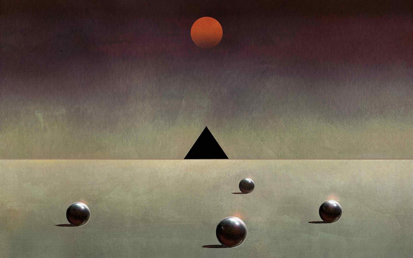 Minimalist digital art with sun, triangle, and spheres HD Wallpaper