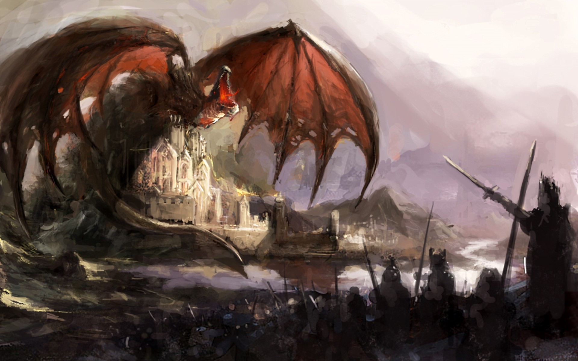 Dragon attacking a castle with an army below HD Wallpaper