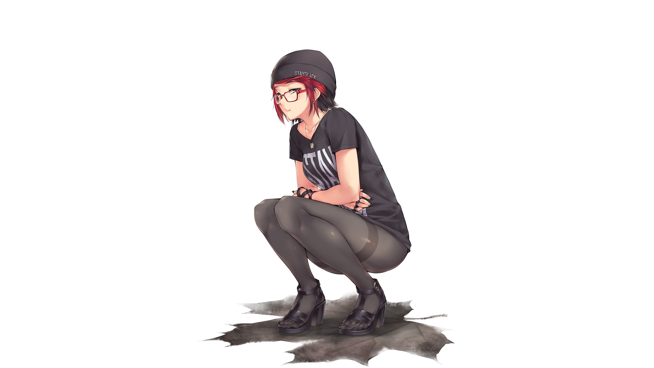 Redhead girl in glasses squatting on maple leaves HD Wallpaper