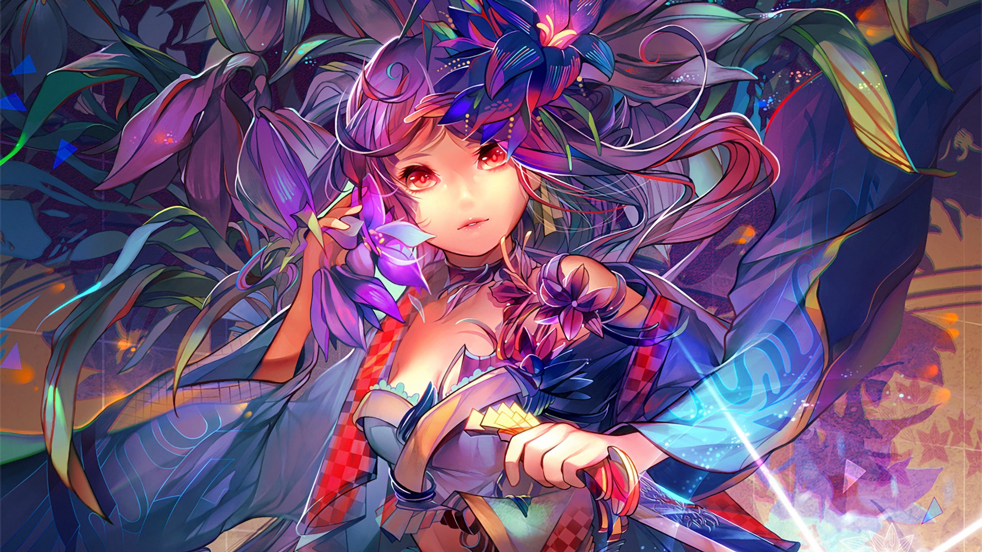 Original character with purple flowers and red eyes HD Wallpaper