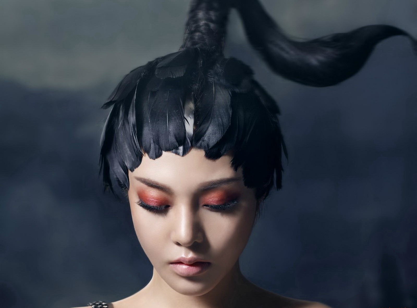 Asian woman with black swan feather headdress HD Wallpaper