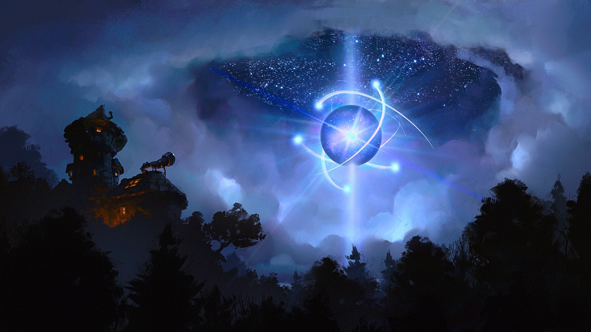Fantasy artwork of a mystical observatory at night HD Wallpaper