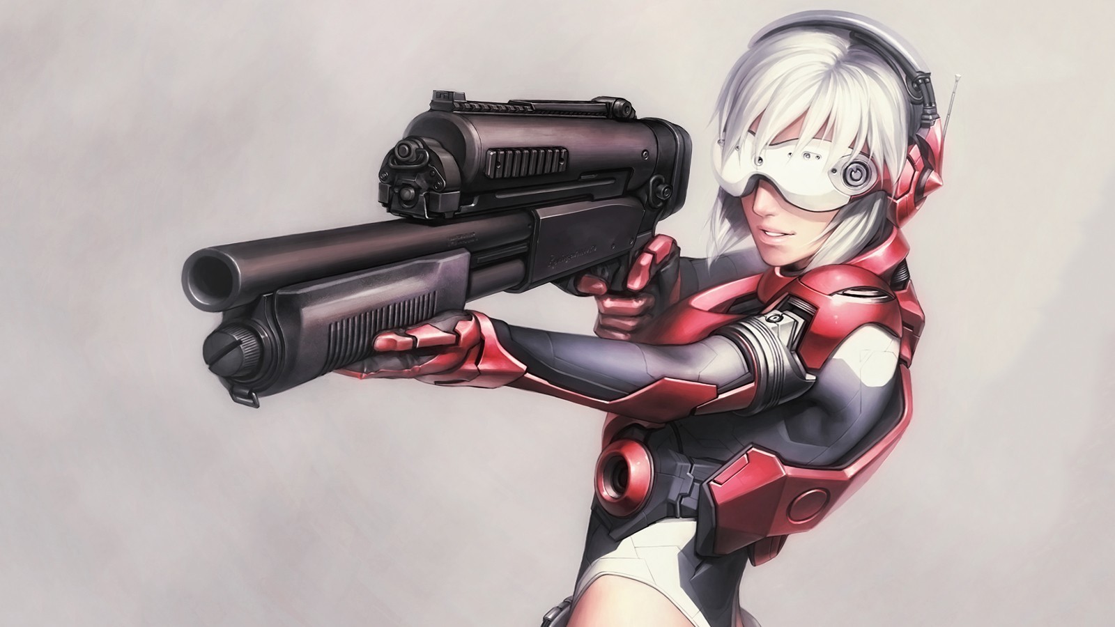 Anime girl with white hair holding a futuristic gun HD Wallpaper