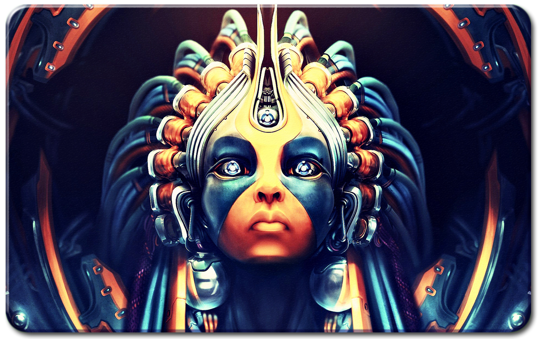 Digital art of a robotic face with intricate headwear HD Wallpaper