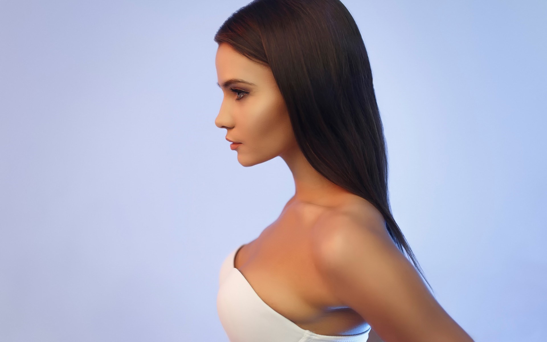 Woman in profile with dark hair HD Wallpaper