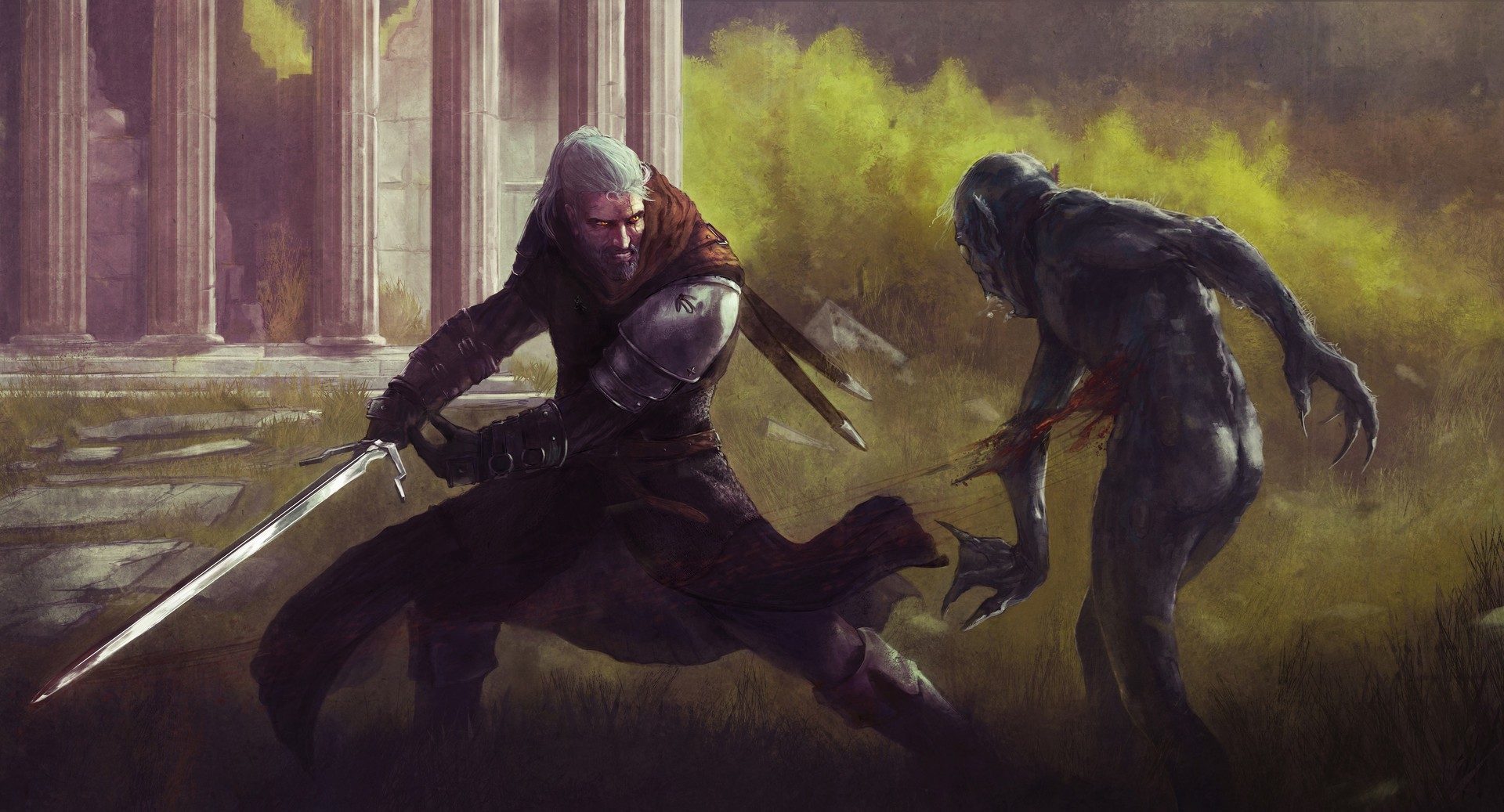 Geralt of Rivia fighting a monster in The Witcher 3 HD Wallpaper