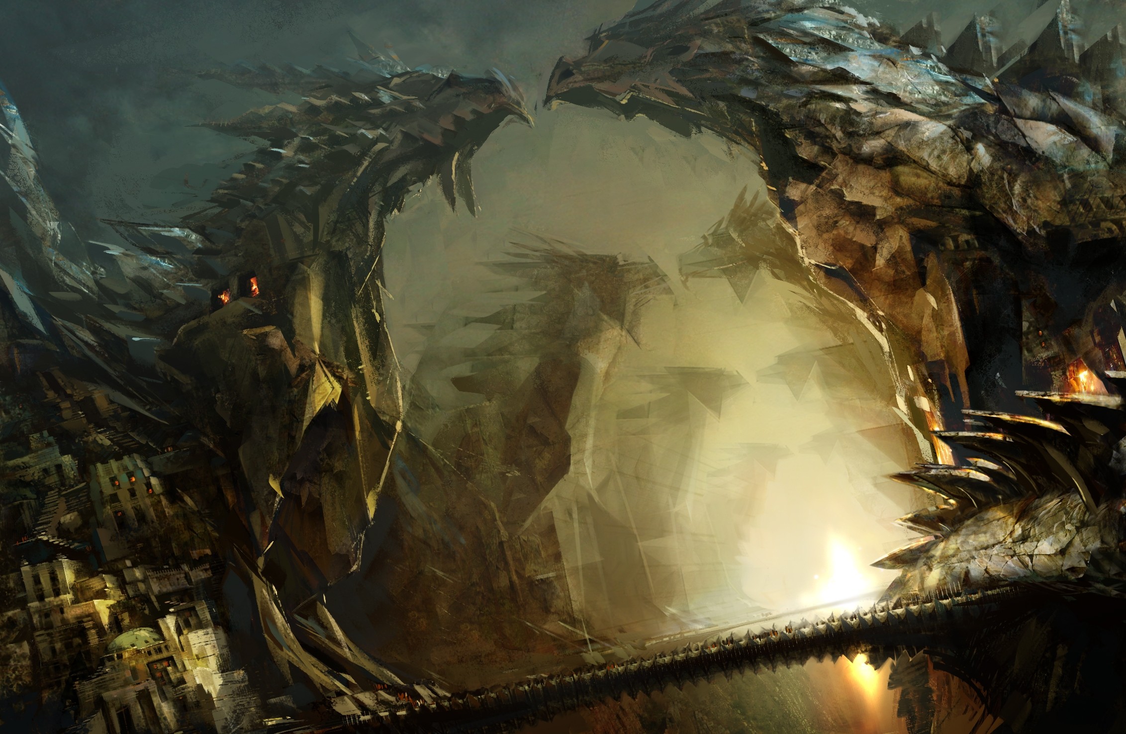 Two dragons facing each other over a bridge HD Wallpaper