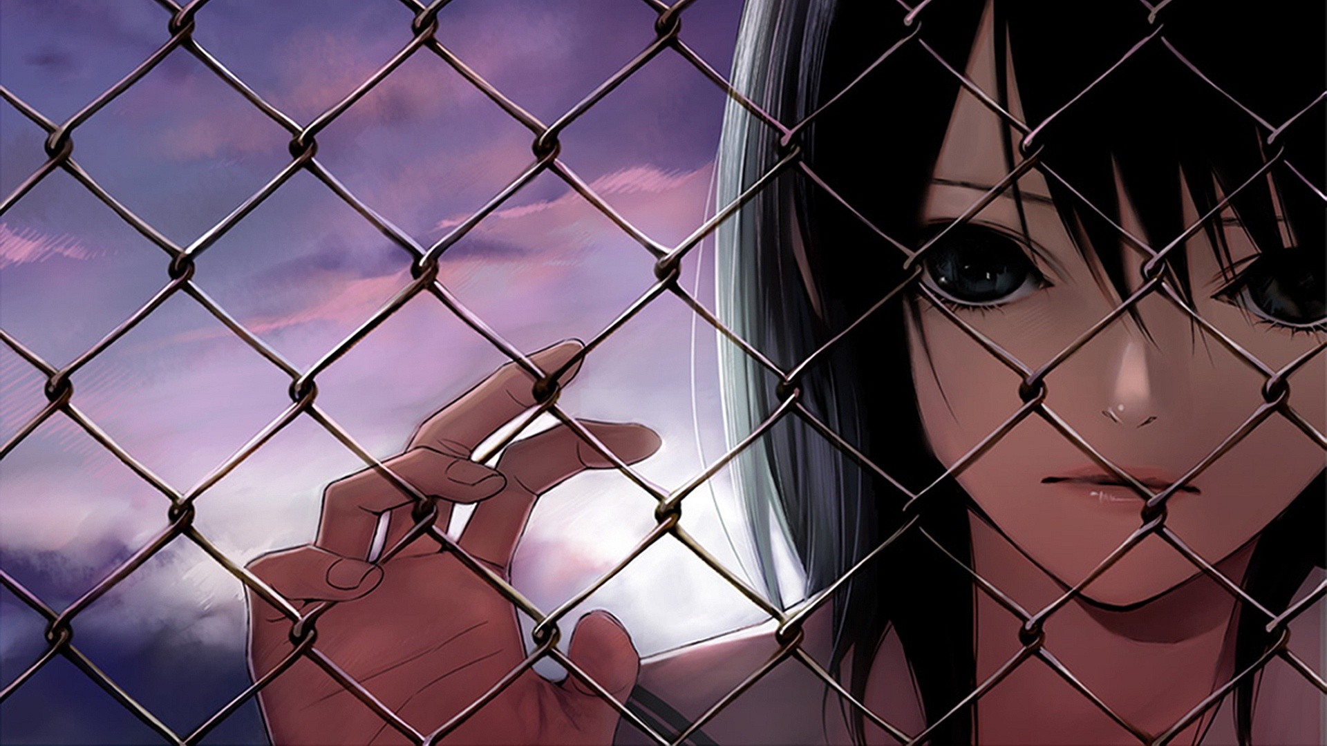 Anime girl behind a chain-link fence HD Wallpaper