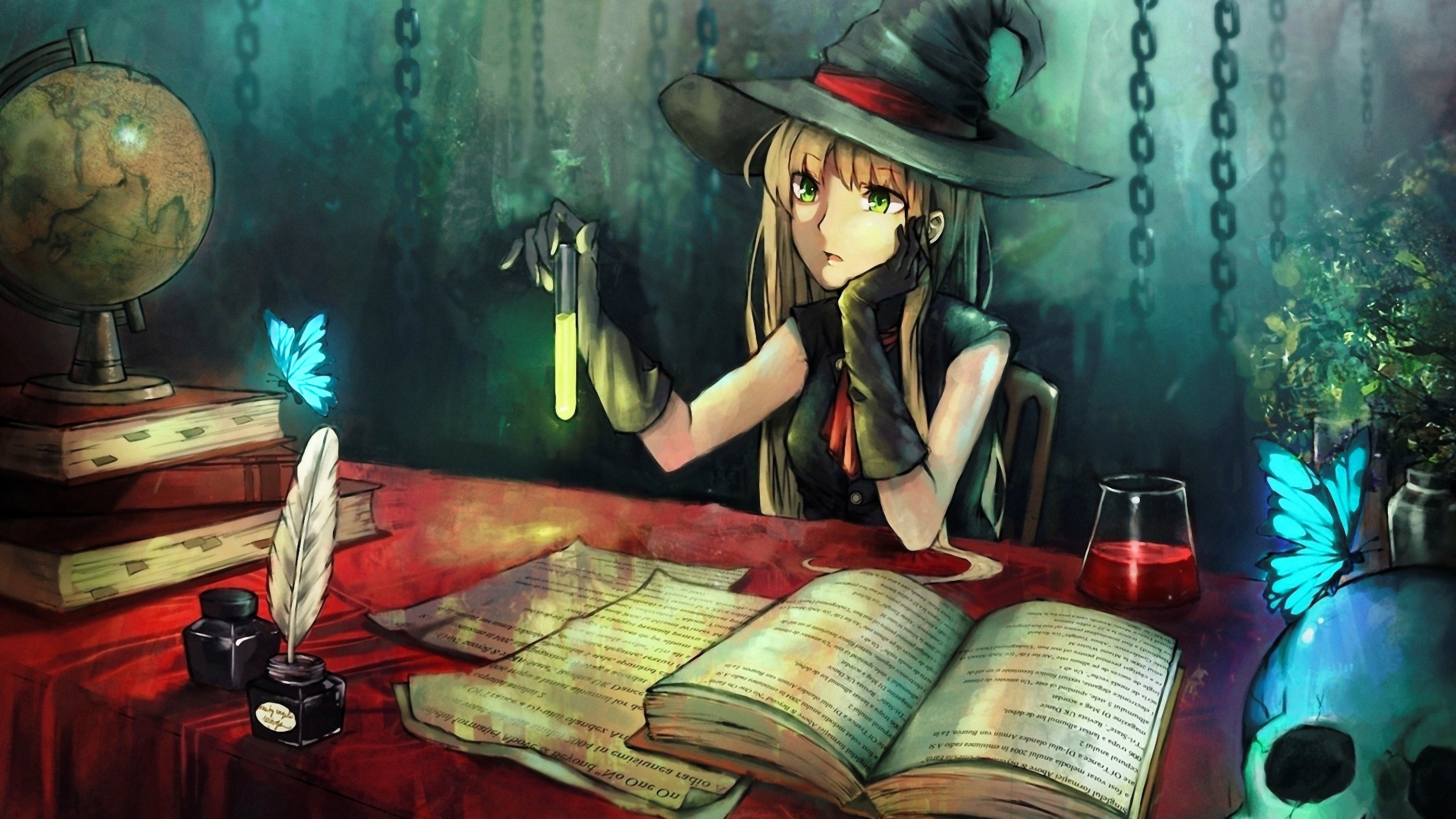Anime witch with potion and skull HD Wallpaper