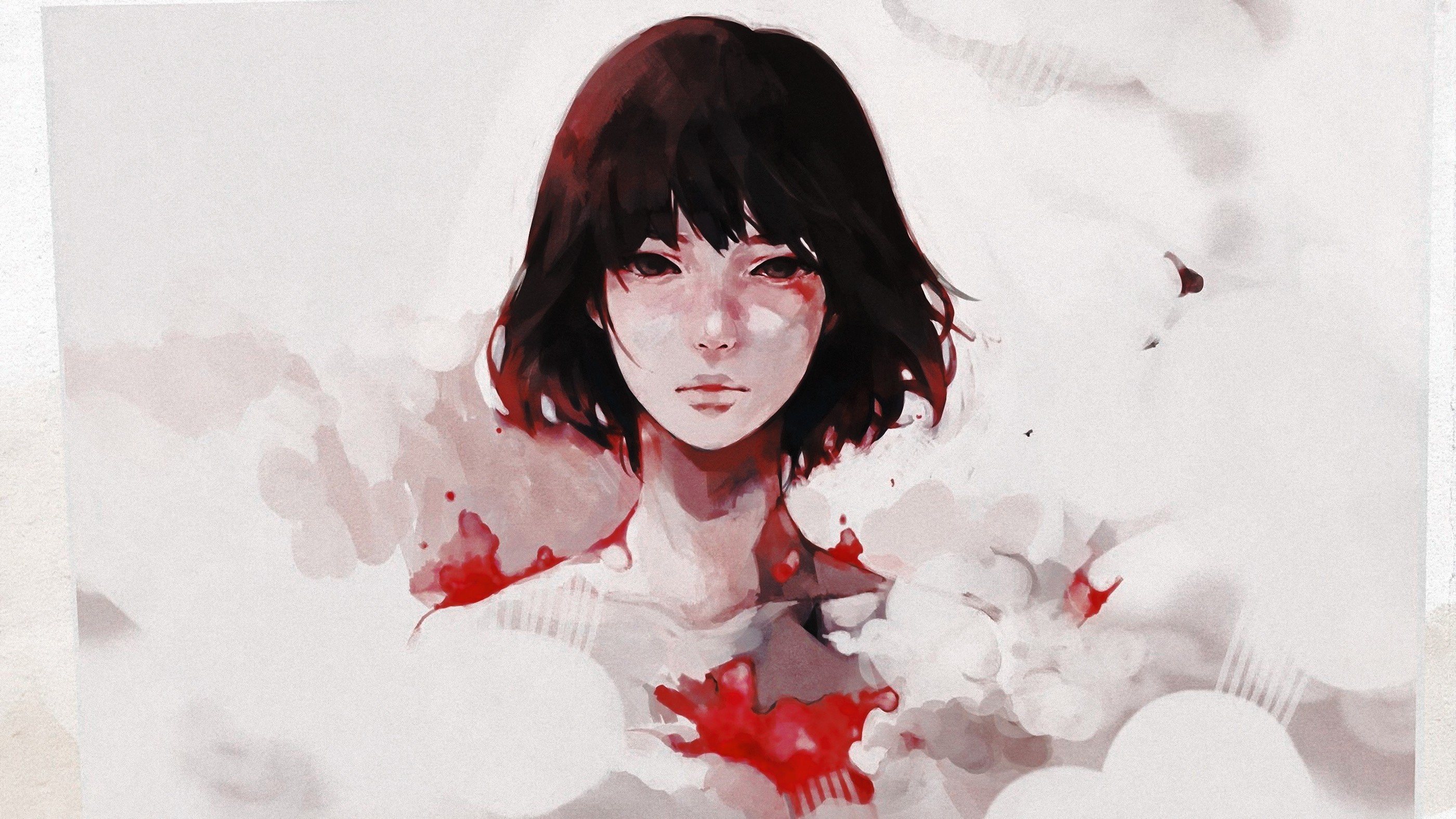 Anime girl with dark hair and red accents HD Wallpaper