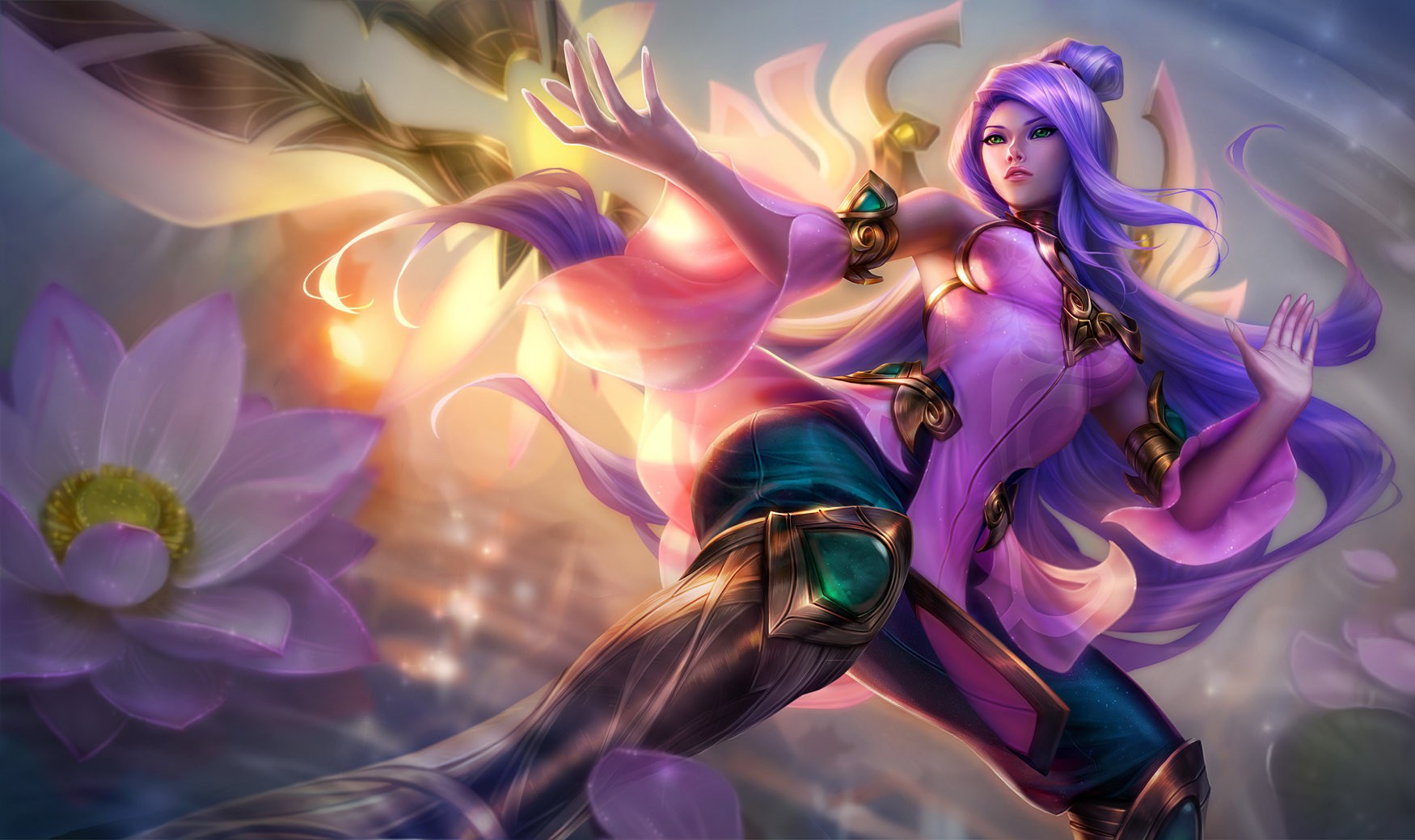Irelia from League of Legends with purple hair and flowers HD Wallpaper