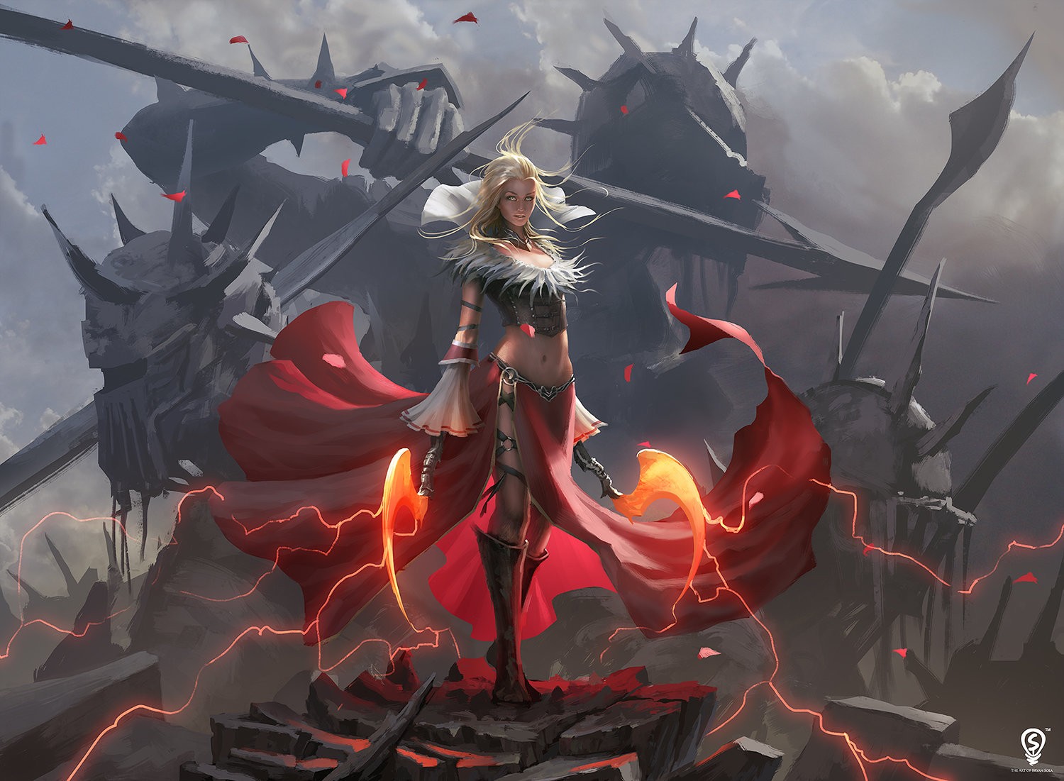 Fantasy art of a woman with red cape and glowing weapons HD Wallpaper