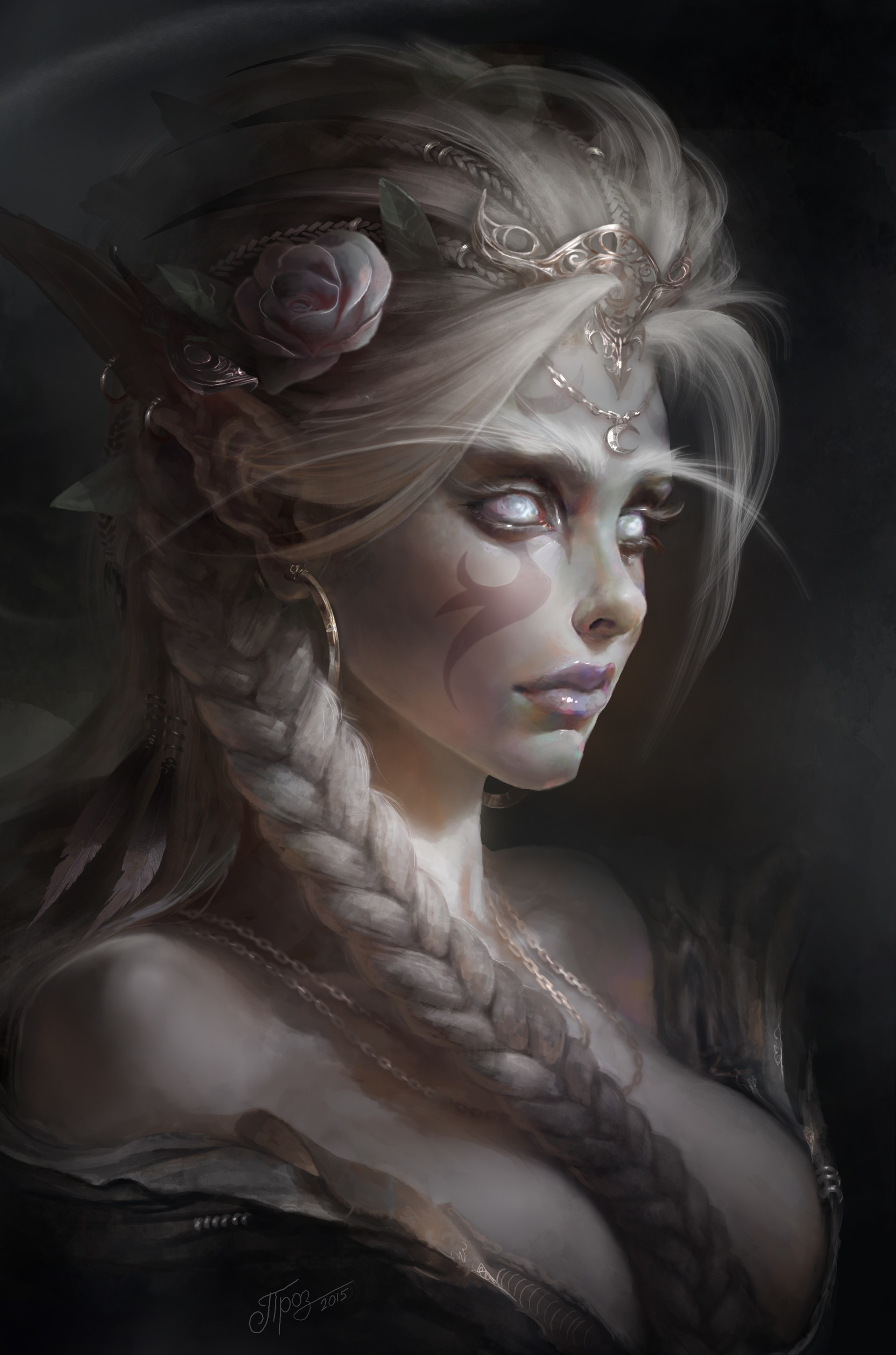 Fantasy Elf Woman with Rose and Moon Tiara HD Wallpaper