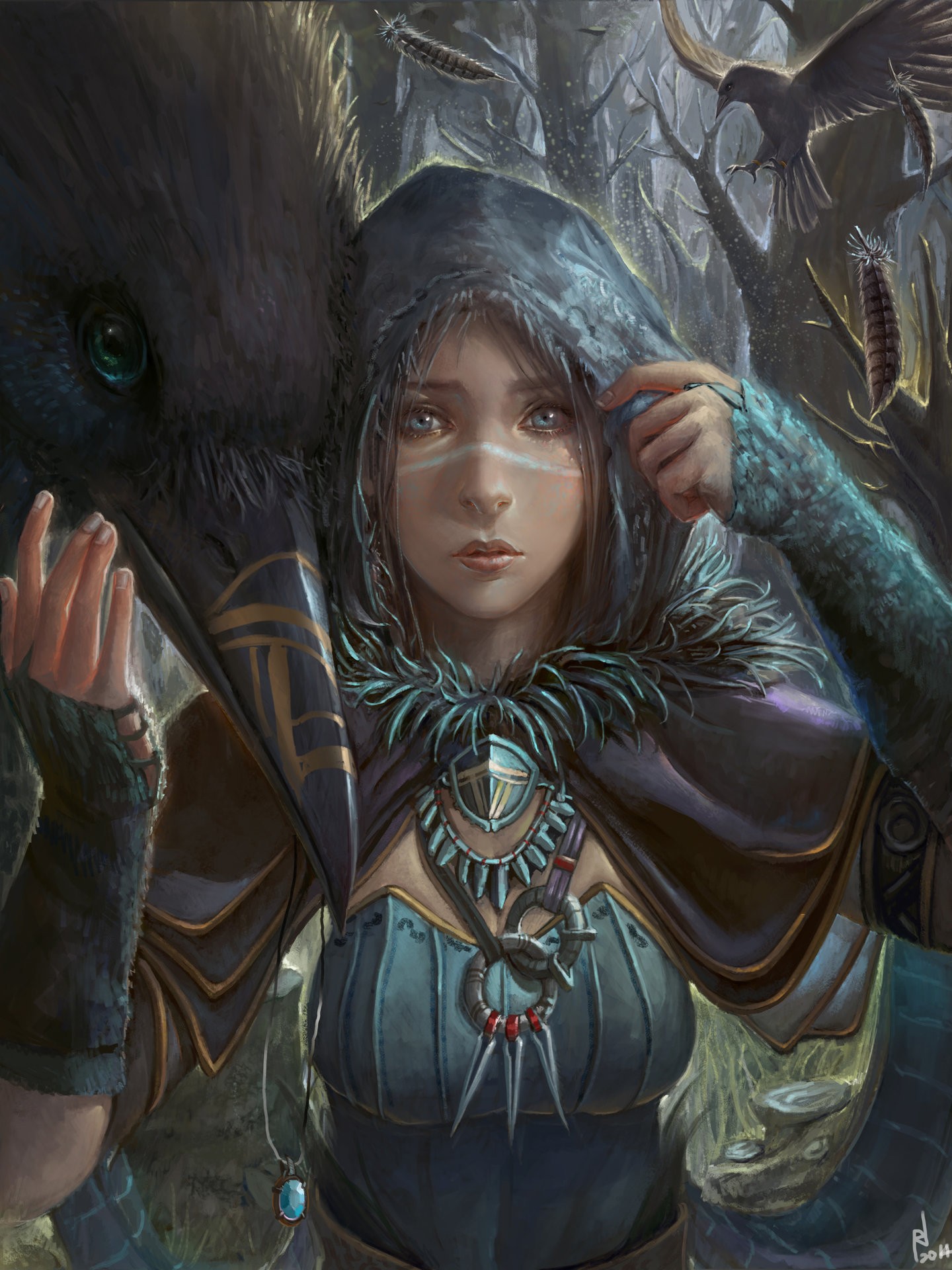 Fantasy art of a girl with a raven in a forest HD Wallpaper