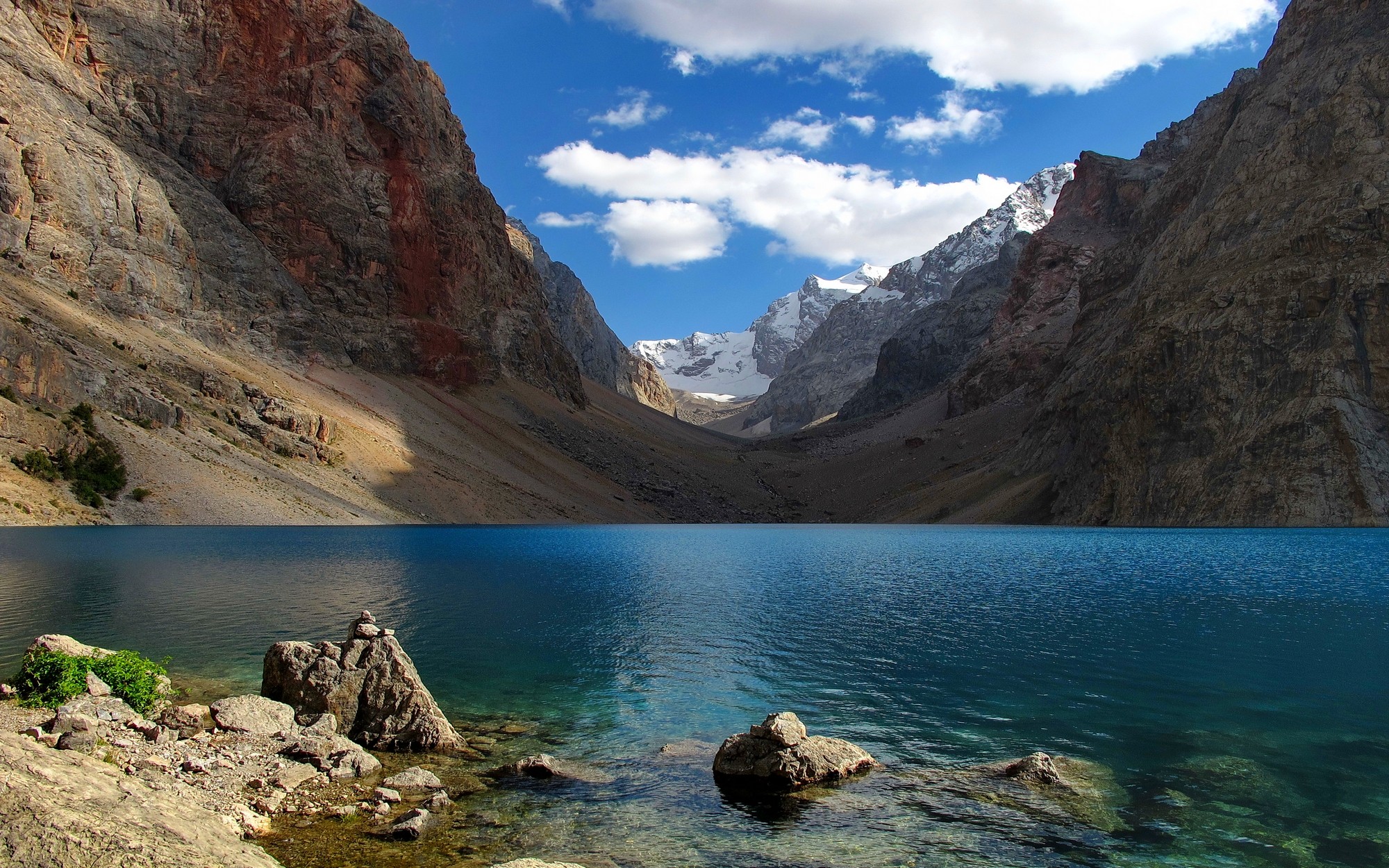 Tajikistan, clouds, lake, nature, water, snow, landscape, mountains, blue HD Wallpaper