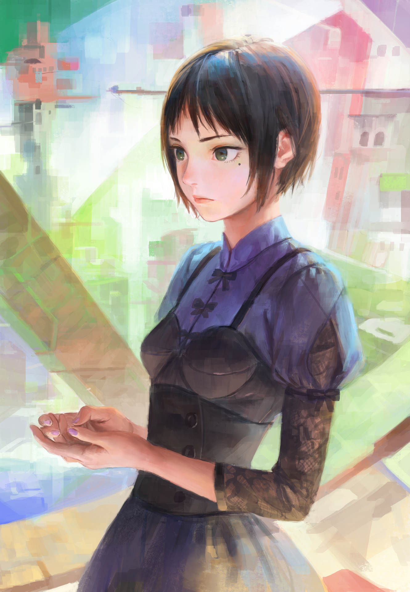 Manga girl with short black hair and green eyes HD Wallpaper