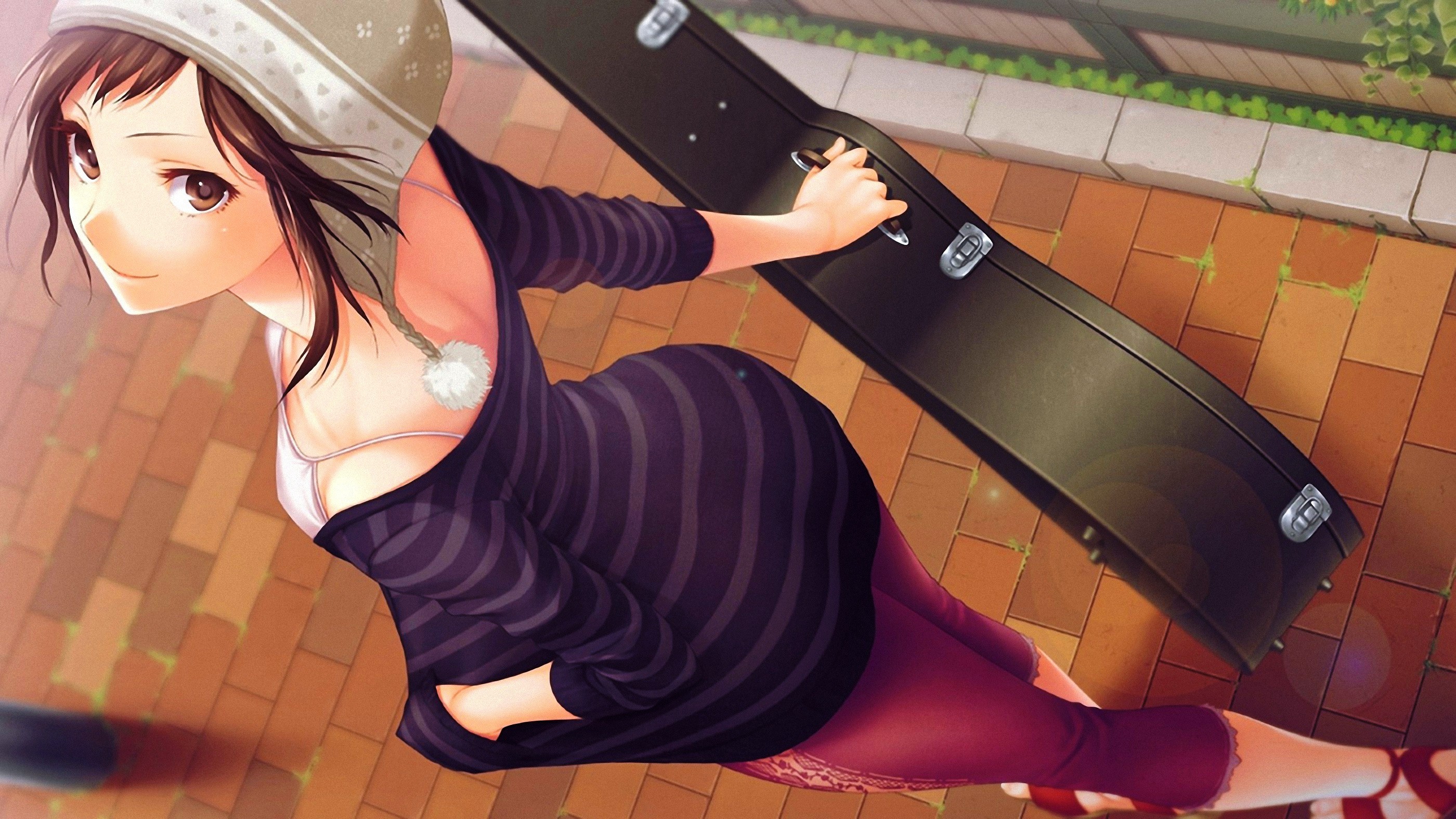 Anime girl with a guitar case HD Wallpaper