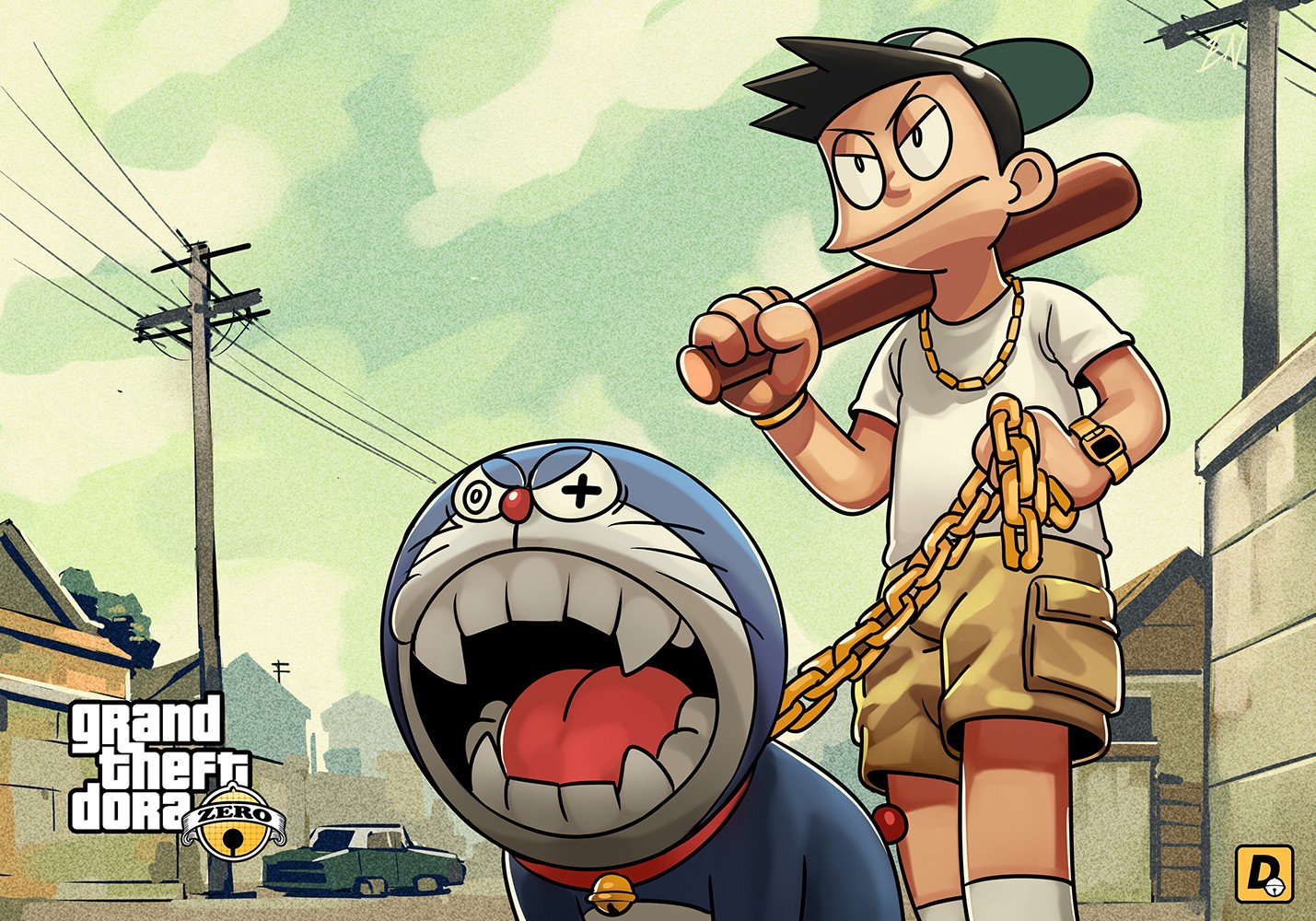Nobita and Doraemon in Grand Theft Dora Zero style HD Wallpaper